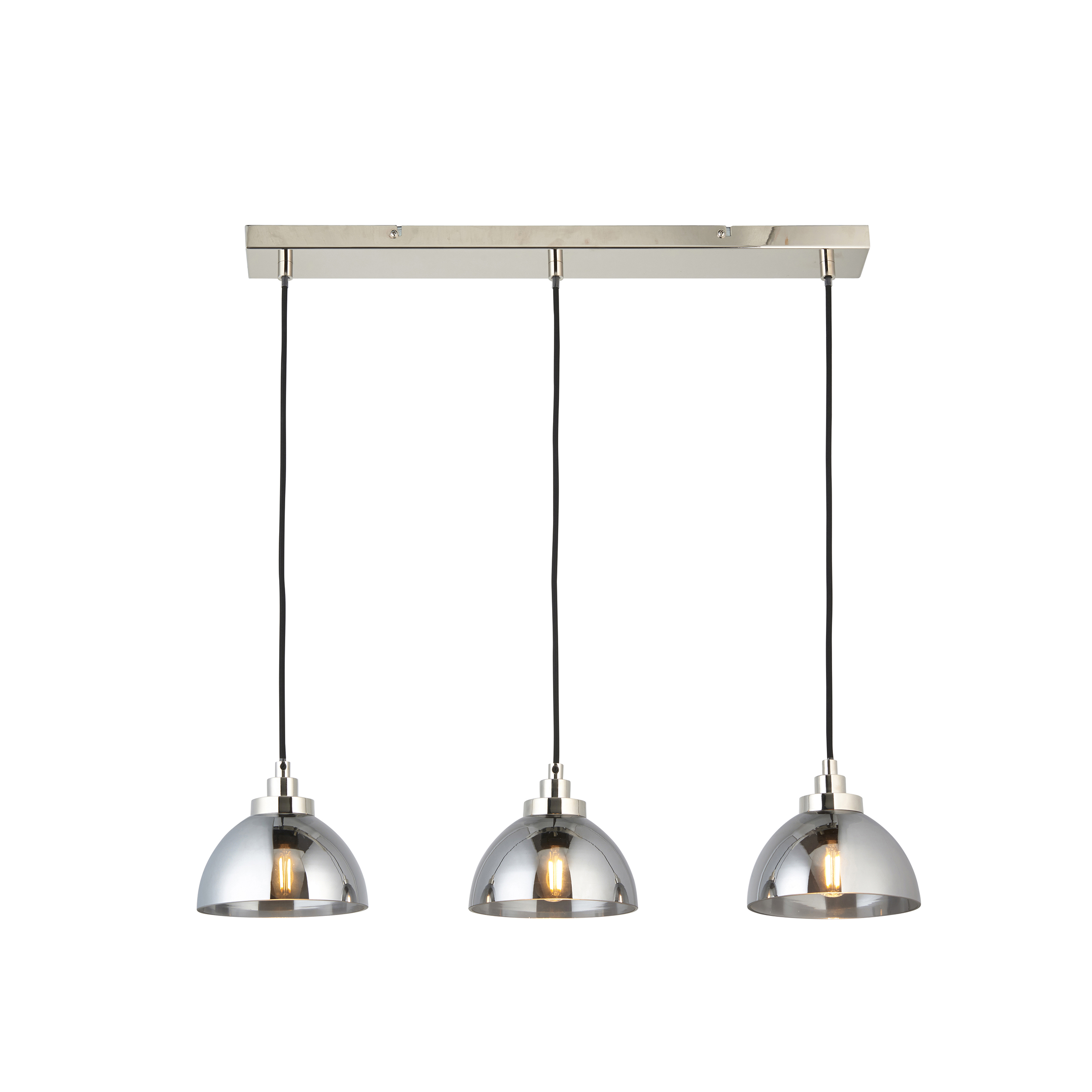 Caspa 3 Light E27 Bright Nickel  Adjustable Linear Pendant C/W Smoked Mirrored Glass Shade