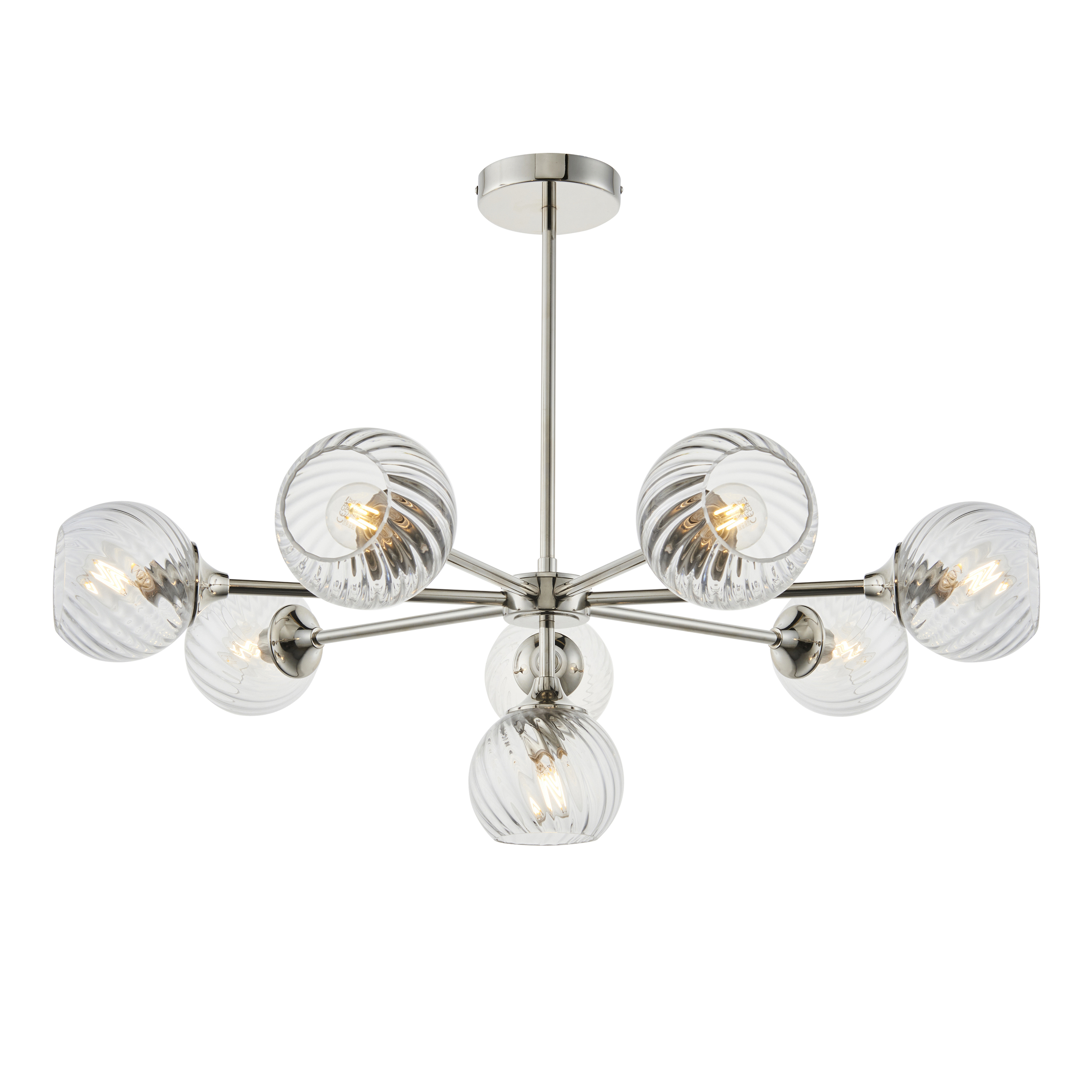 Allegra 8 Light E14 Polished Nickel Adjustable Pendant With Clear Spiral Patterened Glass Shades
