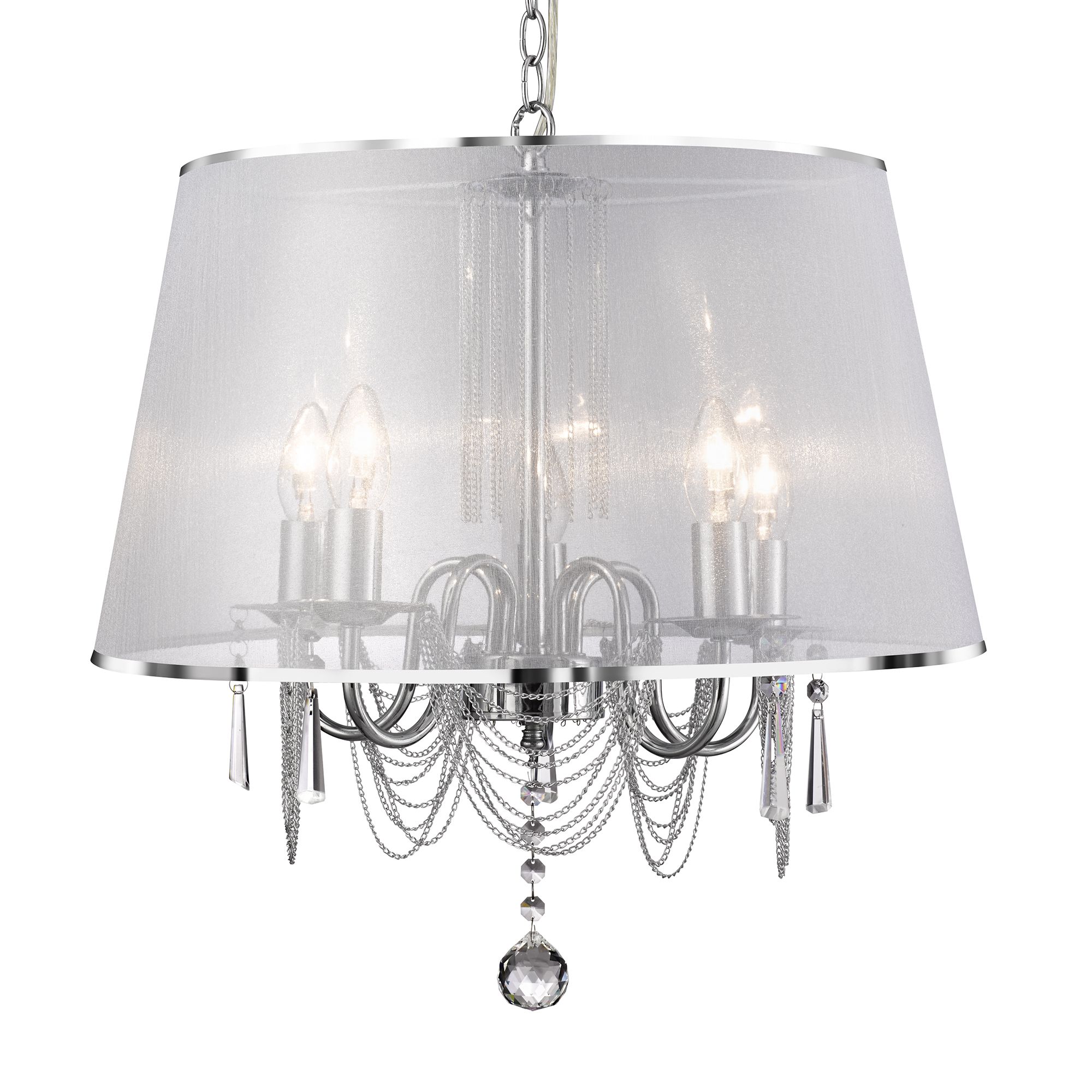 Venetian - 5 Light Ceiling, Chrome, Chain Link, Clear Crystal Glass, White Viole Shade