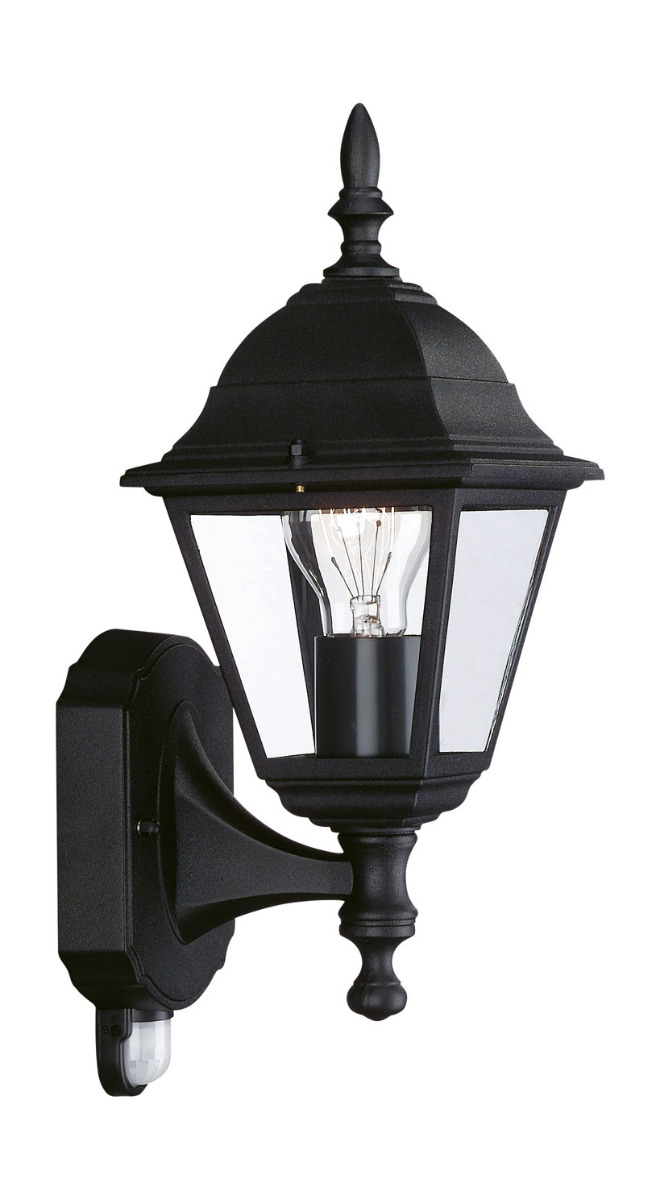 Bright Light 1 Light E27 Black IP44 Exterior Wall Light With Glass Panels Wit PIR Motion Sensor