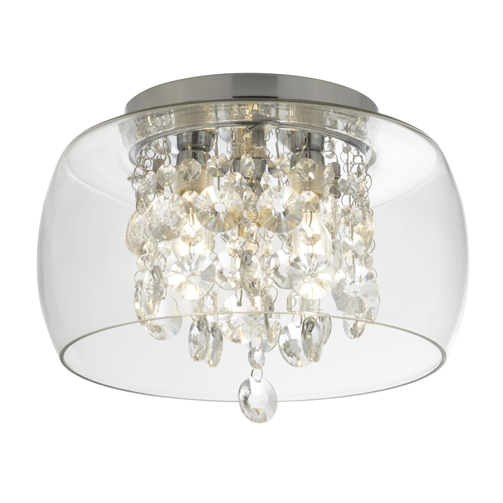 Bathroom Clear Glass Shade 3 Light Flush, Crystal Drops