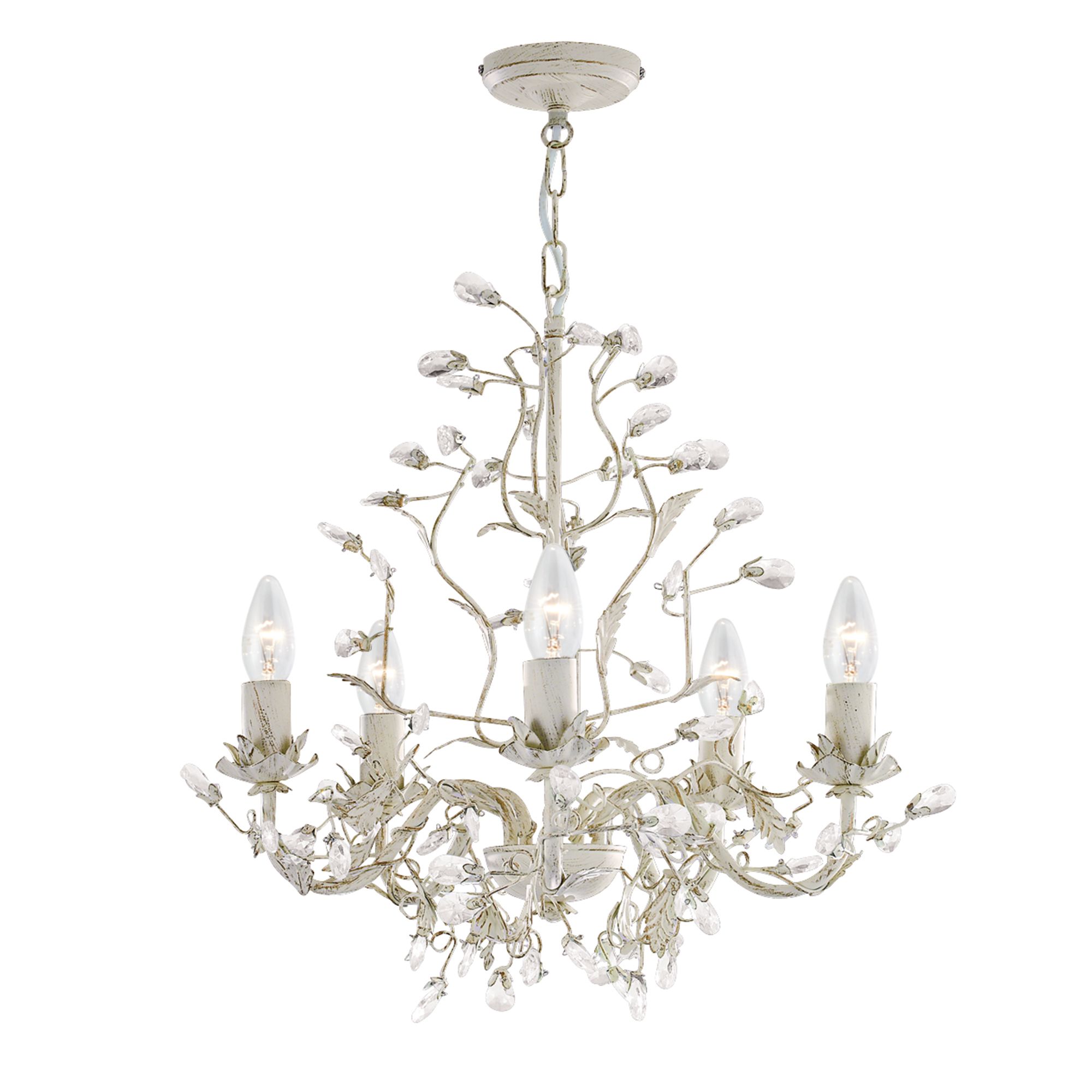 Almandite - 5 Light Ceiling, Cream Gold Finish With Leaf Dressing And Clear Crystal Deco