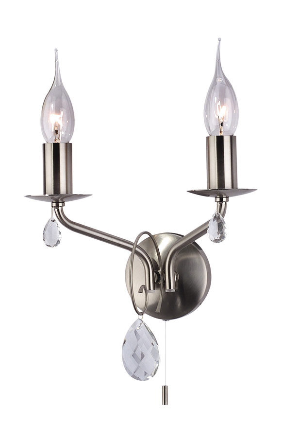 Feliciy 2 Light Satin Chrome Wall Light With Glass Crystal Droplets