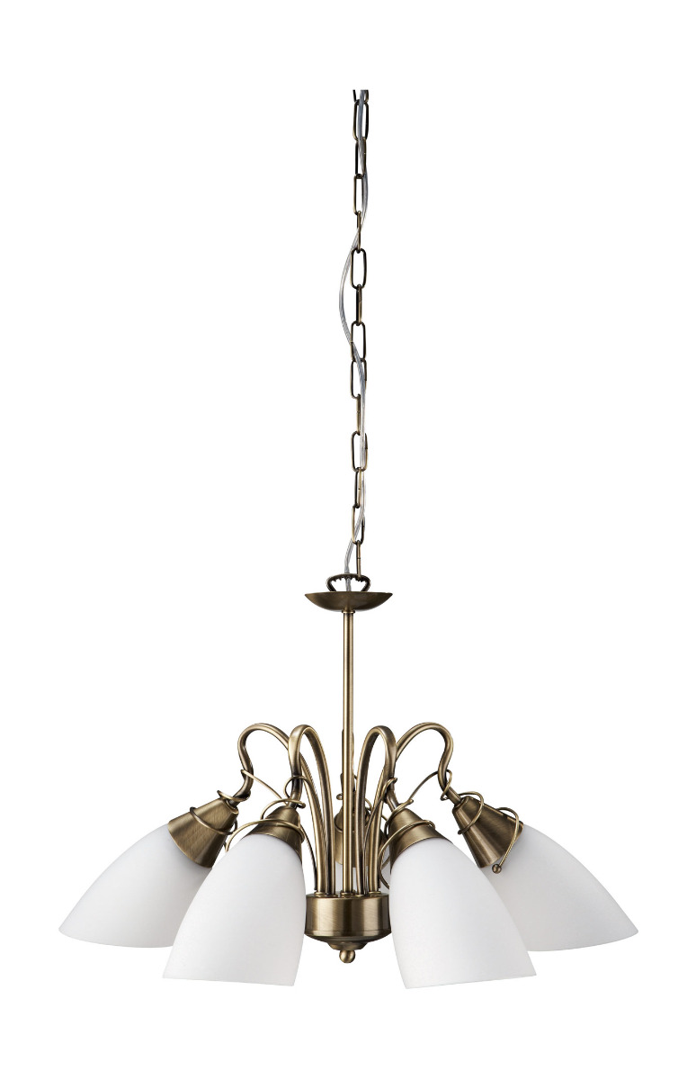 Egmo 5 Light E27 Antique Brass Adjustable Pendant With Opal Glass Shades