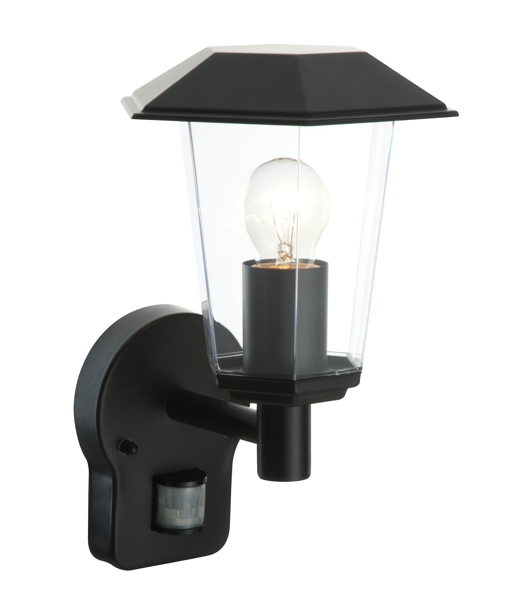 Seaton 1 Light E27 Matt Black Outdoor IP44 Wall Light With Clear Prismatic Shades C/W PIR Motion Sensor