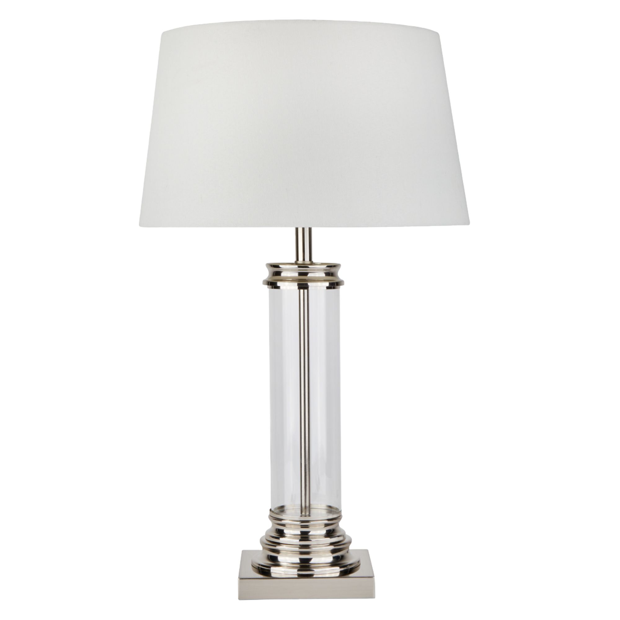 Pedestal Table Lamp - Glass Column & Satin Silver Base, Cream Shade