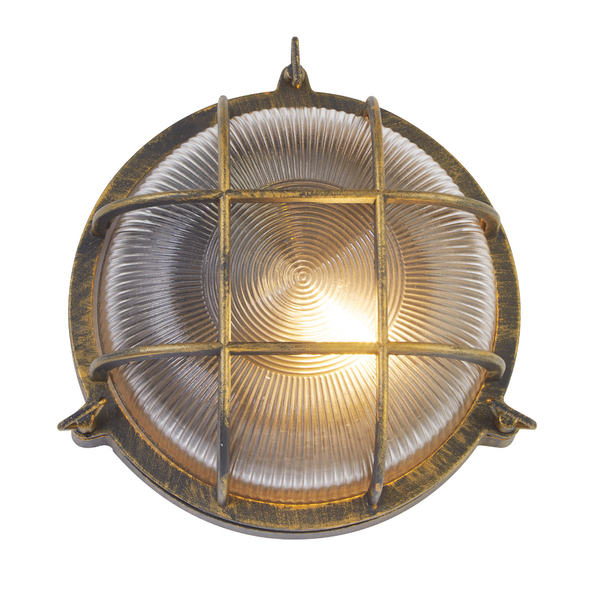 Alcom 1 Light E27 Black Gold Aluminium Outdoor IP44 Round Ceiling/Wall Light With Ribbed Glass Shade