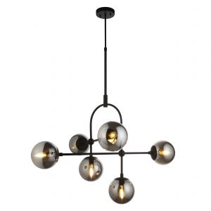 Concetto 6 Light E14 Matt Black Adjustable Pendant With Smoked Mirror Globe Shades