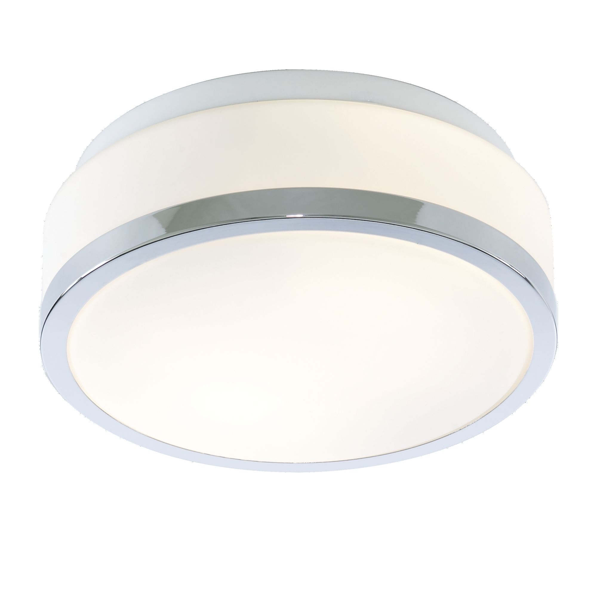Discs - Bathroom - IP44 2 Light Flush, Opal White Glass Shade With Chrome Trim Diameter 23cm