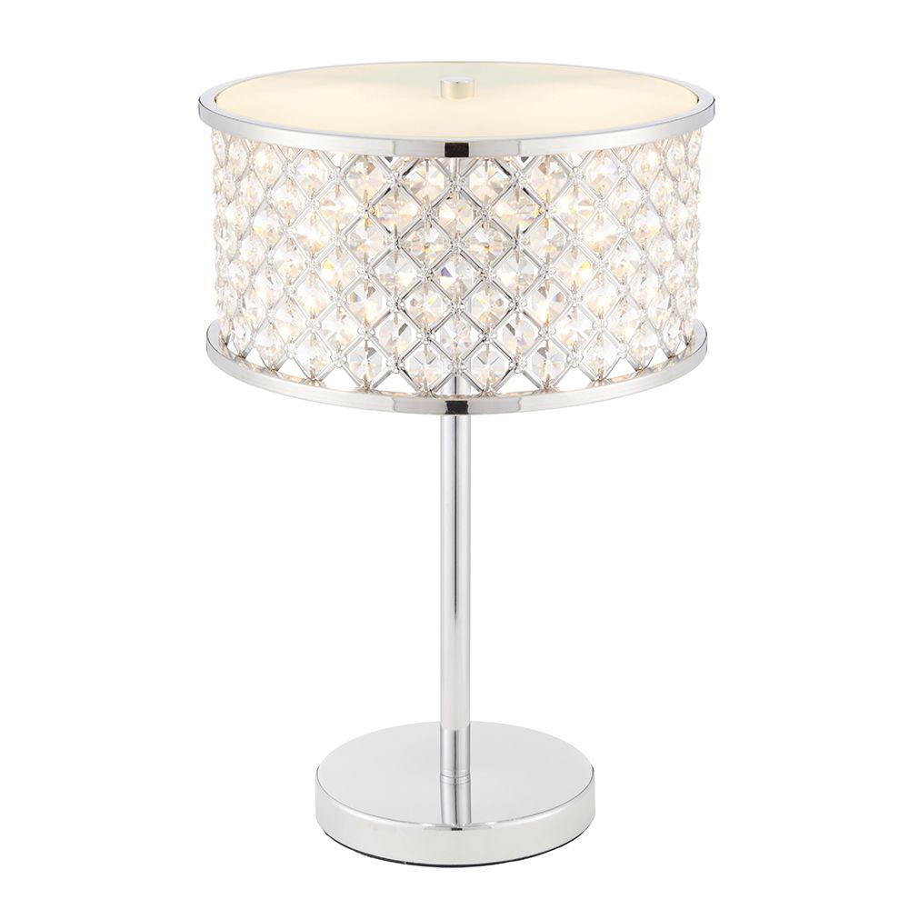Hudson 2 Light E14 Polished Chromes Table Lamp With Inline Switch, K9 Crystal Beads & Opal Diffuser