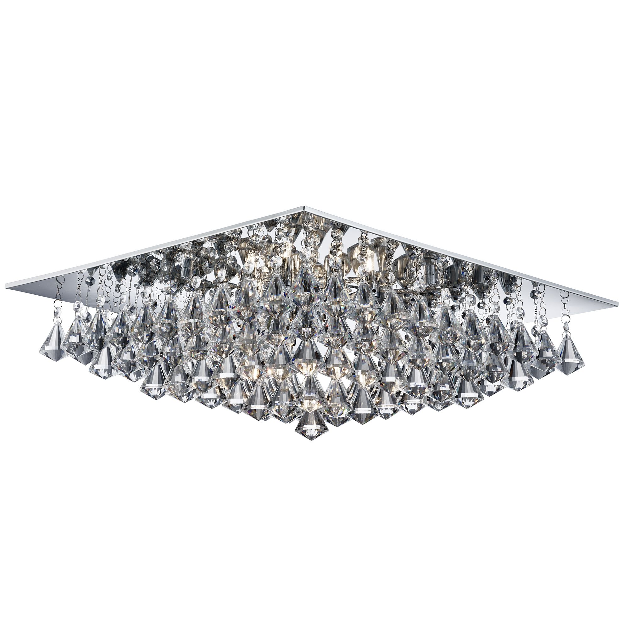 Hanna - 8 Light Square Flush Ceiling, Chrome, Clear Crystal Pyramid Drops
