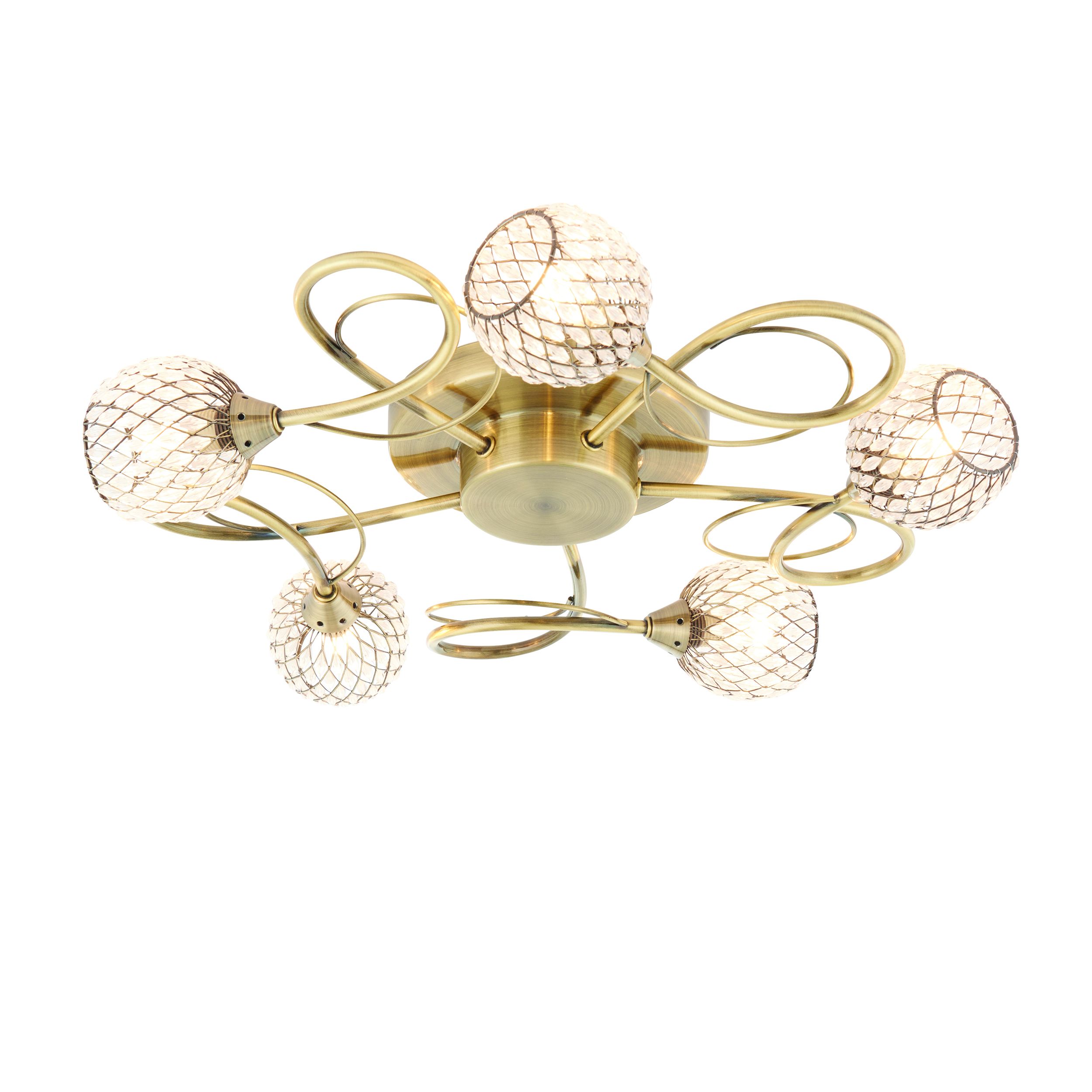 Aherne 5 Light G9 Antique Brass Semi Flush Fitting With Clear Facetted Glass Beased Shades