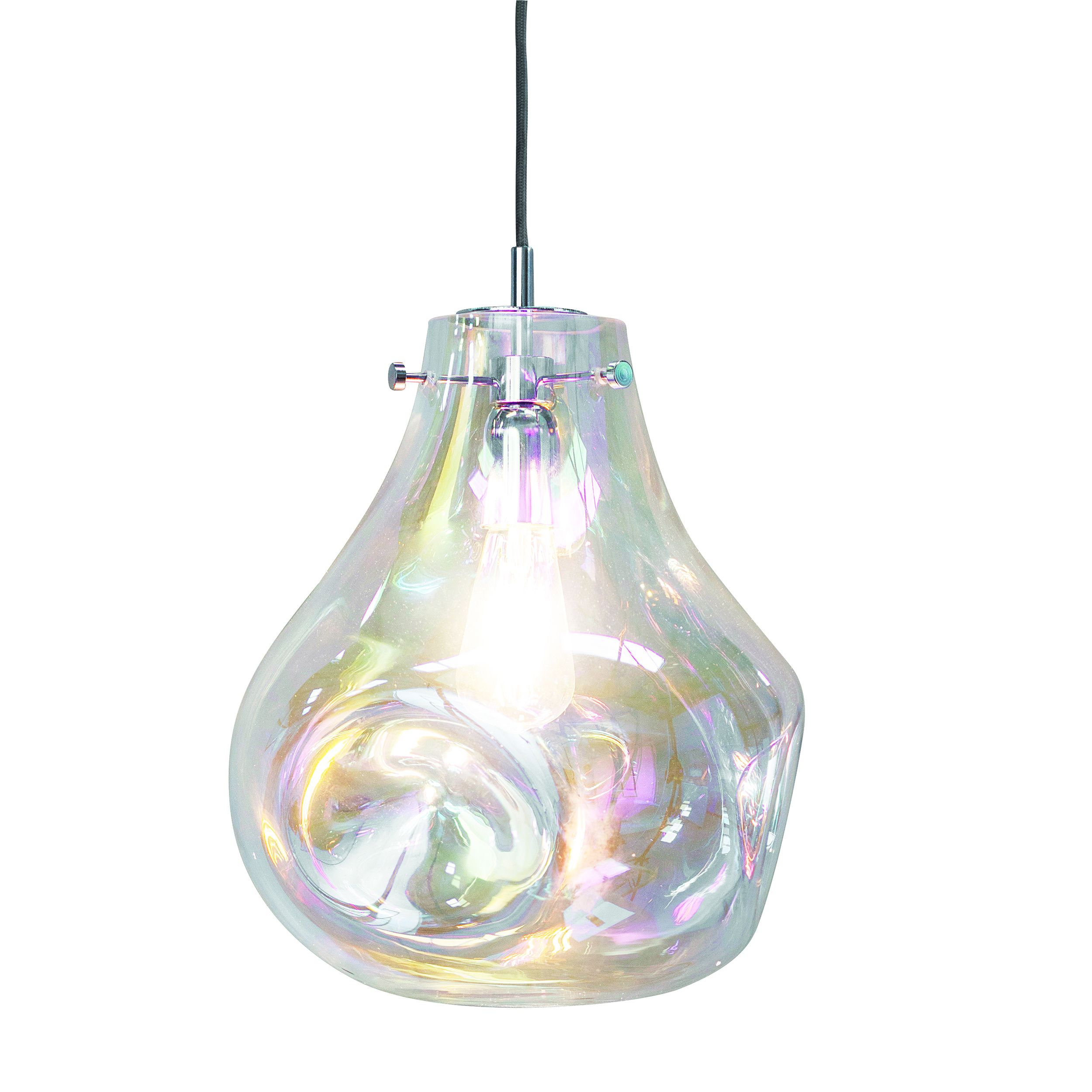 Lava 1 Light E27 Chrome Adjustable Pendant With Reflective Iridescent Blown Glass
