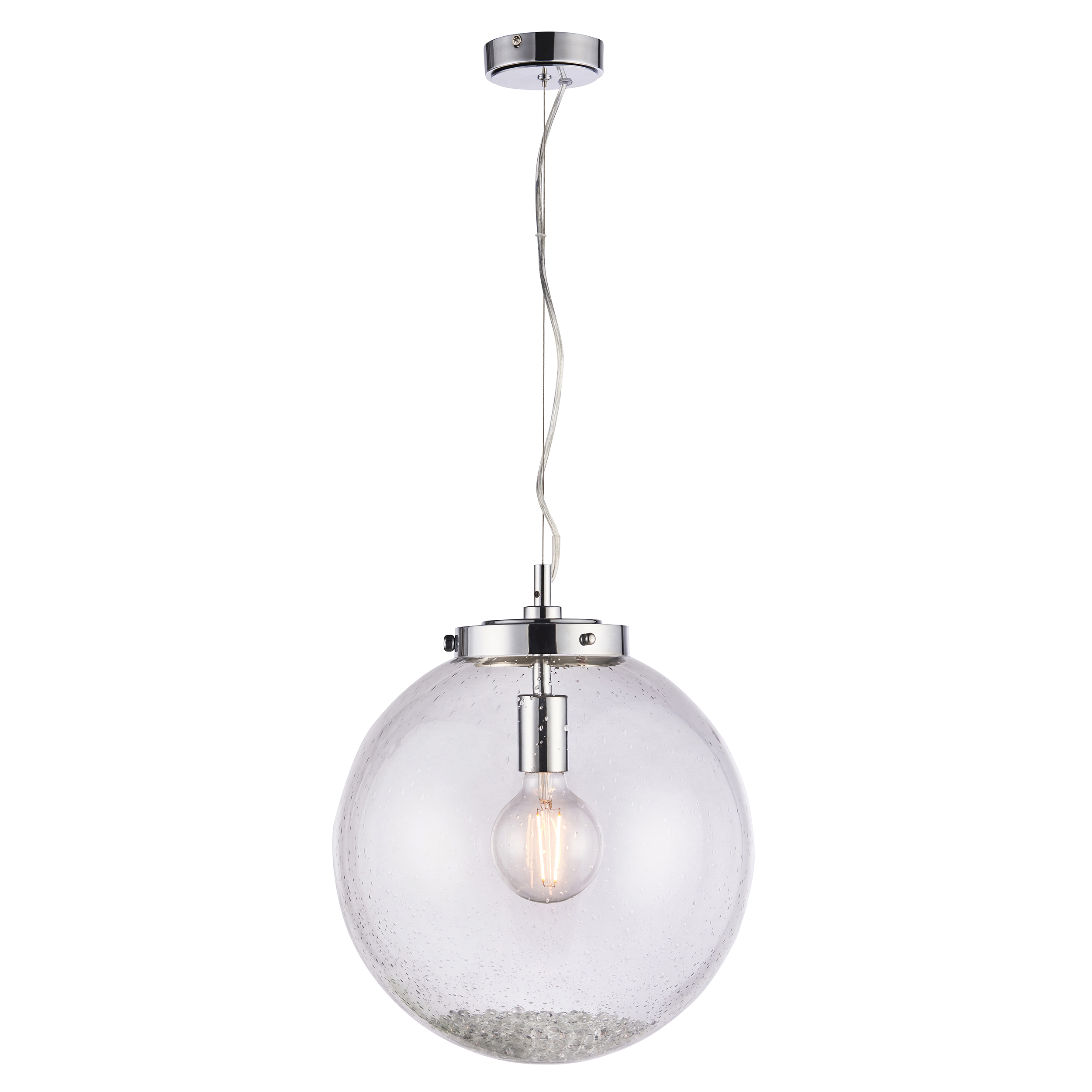 Harbour 1 Light E27 Polished Chrome Adjustable Pendant C/W 415mm Clear Bubble Glass Shade