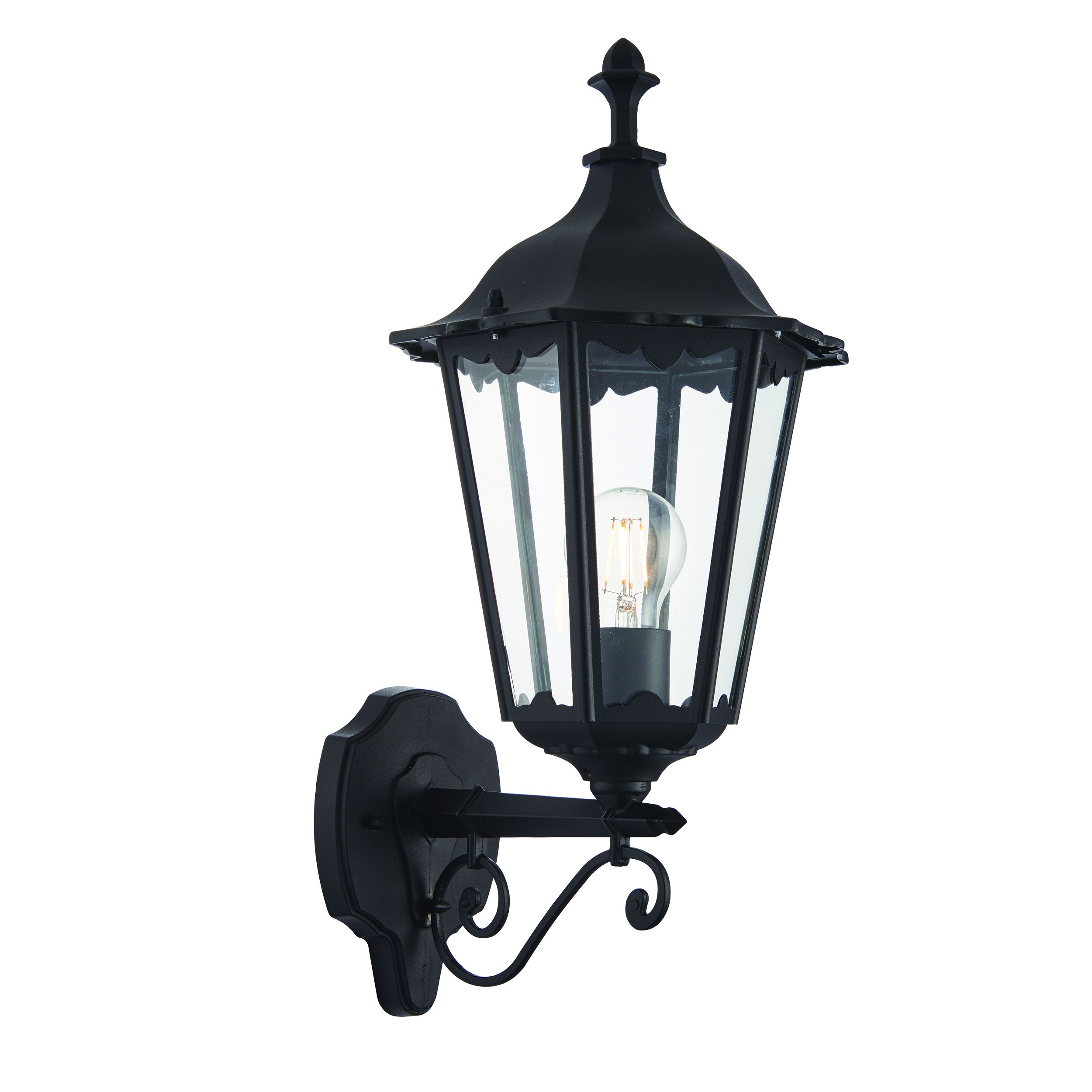 Burfold 1 Light E27 Matt Black Die Cast IP44 Outdoor Upward Wall Lantern Light With Clear Glass Panels