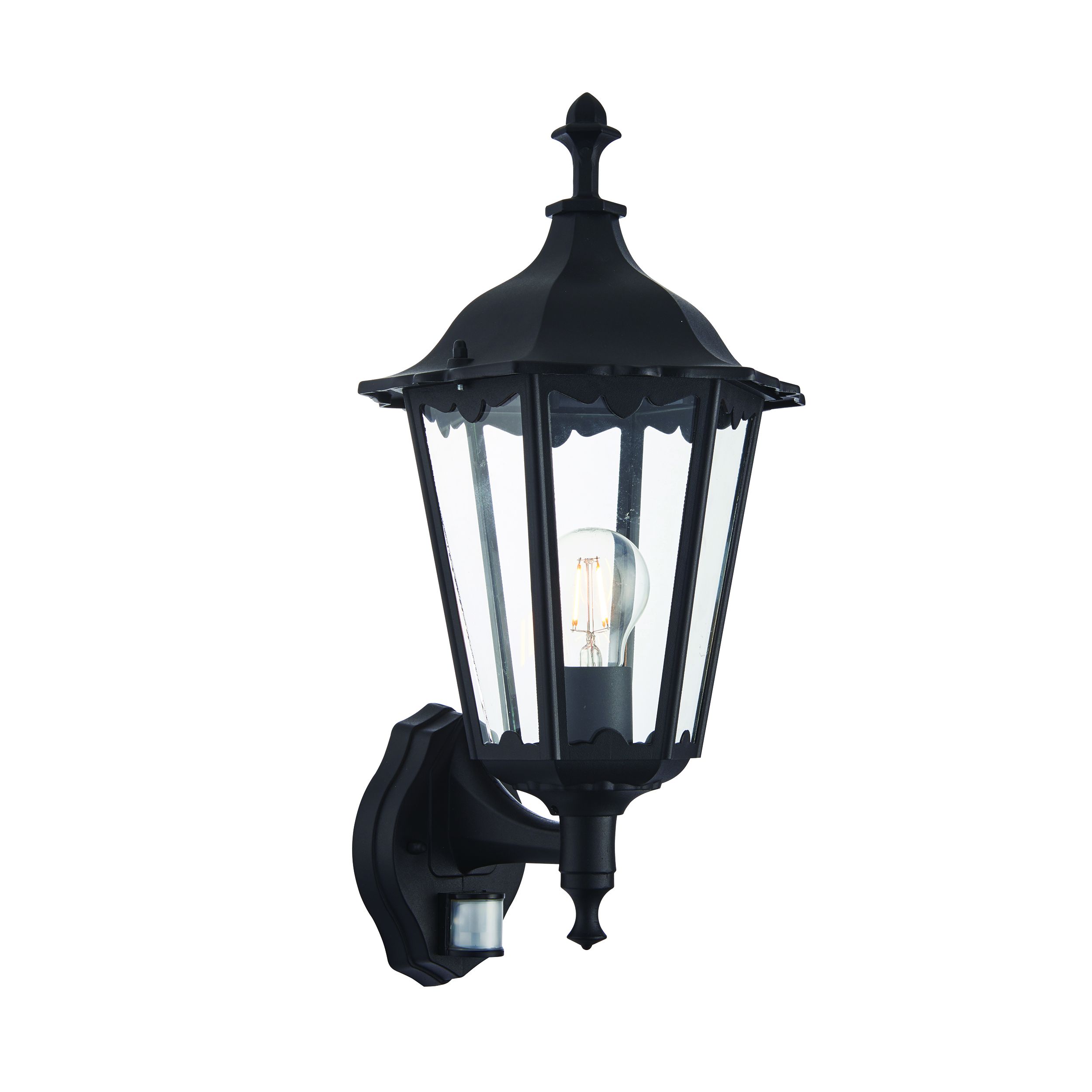 Burfold 1 Light E27 Matt Black Die Cast IP44 Outdoor Upward Wall Lantern Light With PIR & Clear Glass Panels