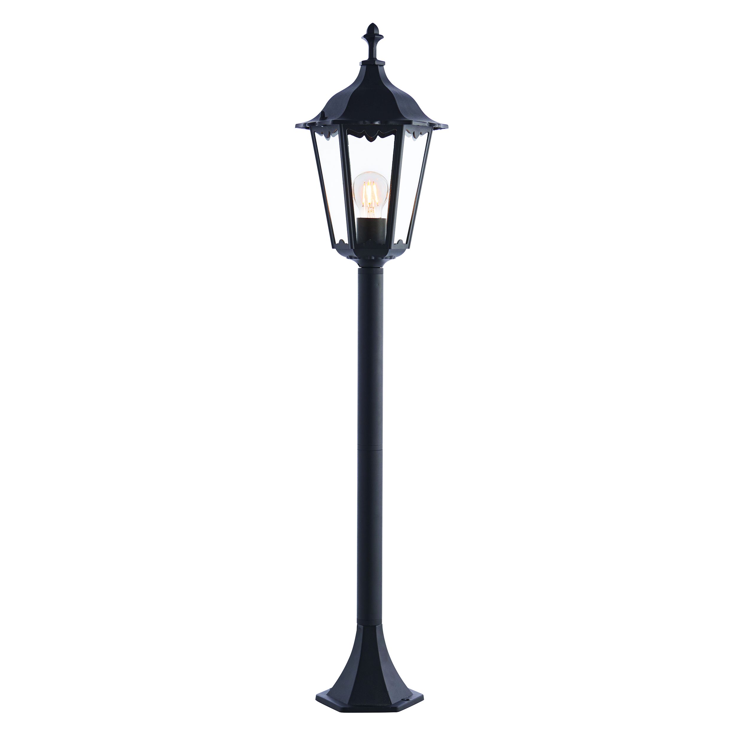 Burfold 1 Light E27 Matt Black Die Cast IP44 Outdoor Bollard Lantern Light With Clear Glass Panels