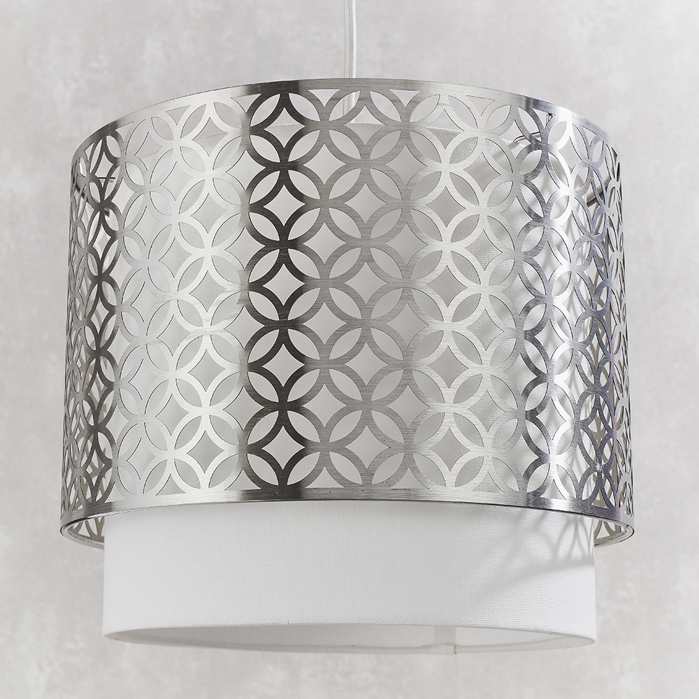 Gilli 1 Light E27 Satin Nickel Finish 2-Tier Pendant With Vintage White Linen Fabric Shade