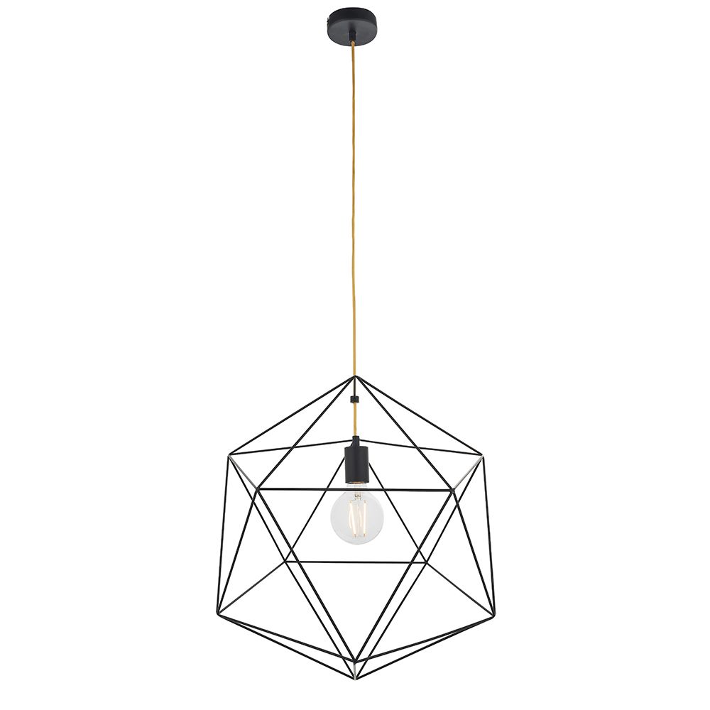 Icosa 1 Light E27 Matt Black Painted Finish Adjustable Geometric Style Pendant With Contrasting Yellow Fabric Flex