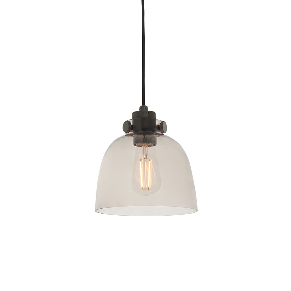 Ribera 1 Light E27 Matt Black Painted Metal Work With Black Chromed Machine Knurled Detailed Adjustable Pendant With Smole Grey Tinted Glass Shade