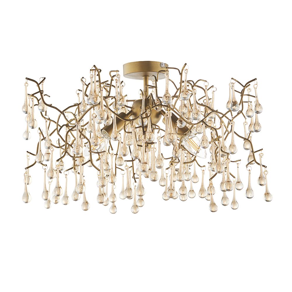 Munari 3 Light E14 Aged Gold Branch Semi Flush Fitting With Champagne Lustre Glass Teardrops