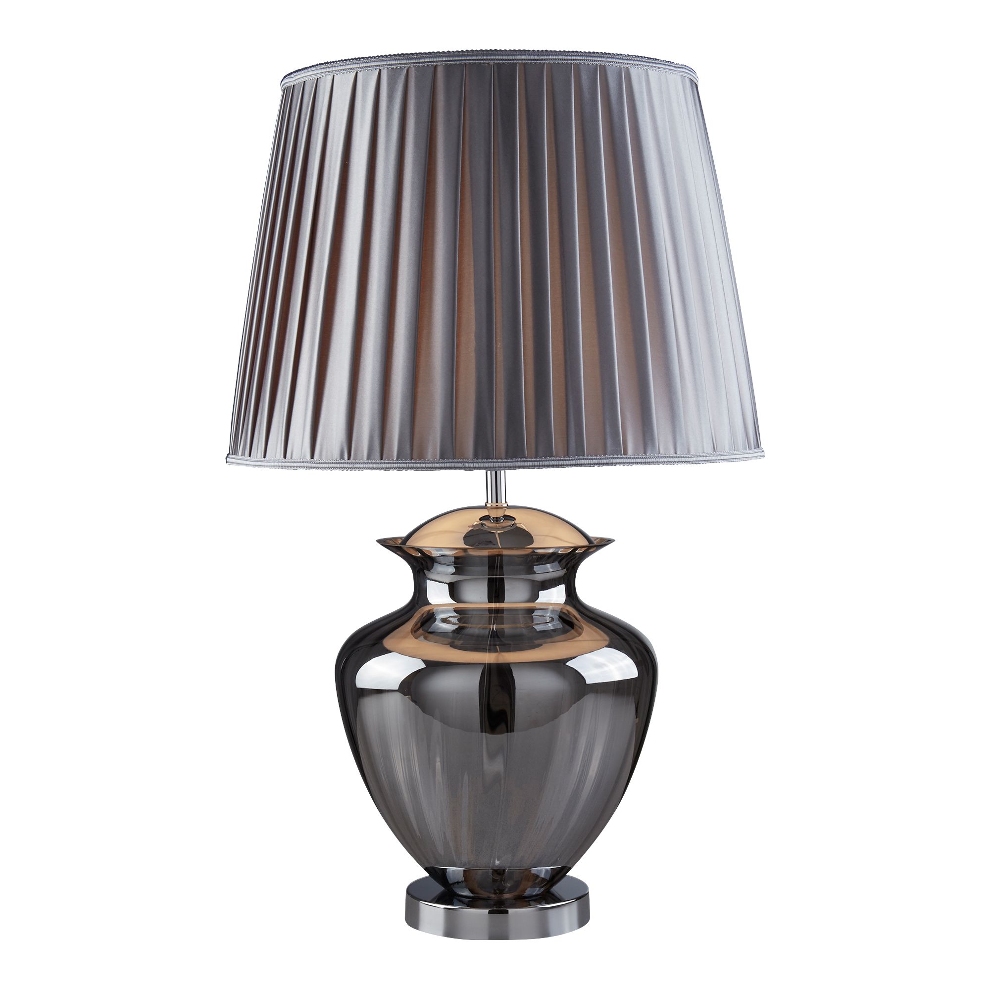 Elina Table Lamp Large Glass Urn, Smokey Glass, Chrome, Pewter Pleated Shade