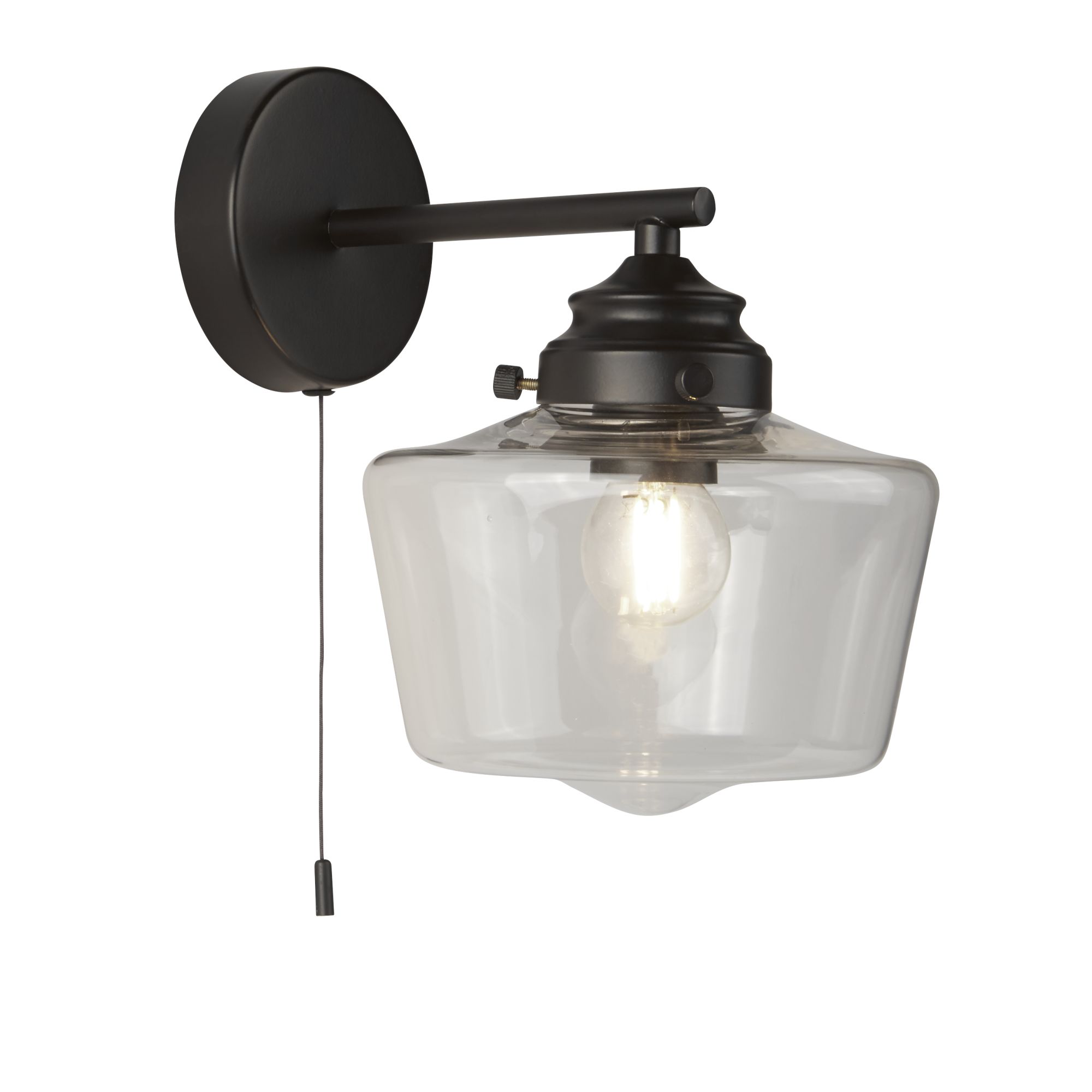 1 Light School House Wall Light, Black With Opal Glass