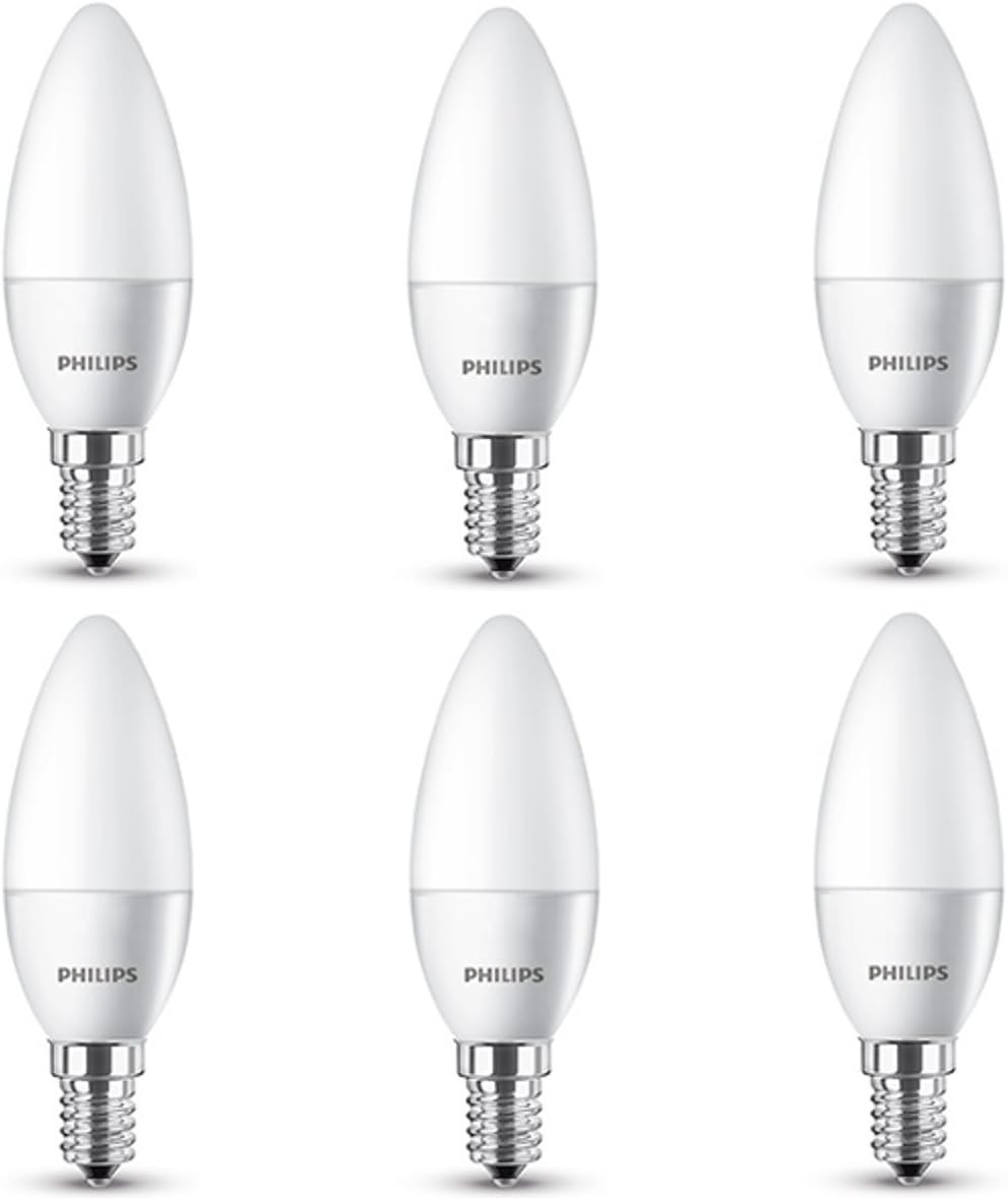 Philips Classic Pack Of 6, LED Candle E14 5.5W Warm White 2700K, 470lm, White Finish