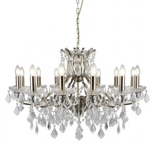 Paris 12 Light Chandelier, Clear Crystal Drops & Trim, Antique Brass