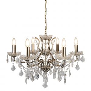 Paris 6 Light Chandelier, Clear Crystal Drops & Trim, Antique Brass