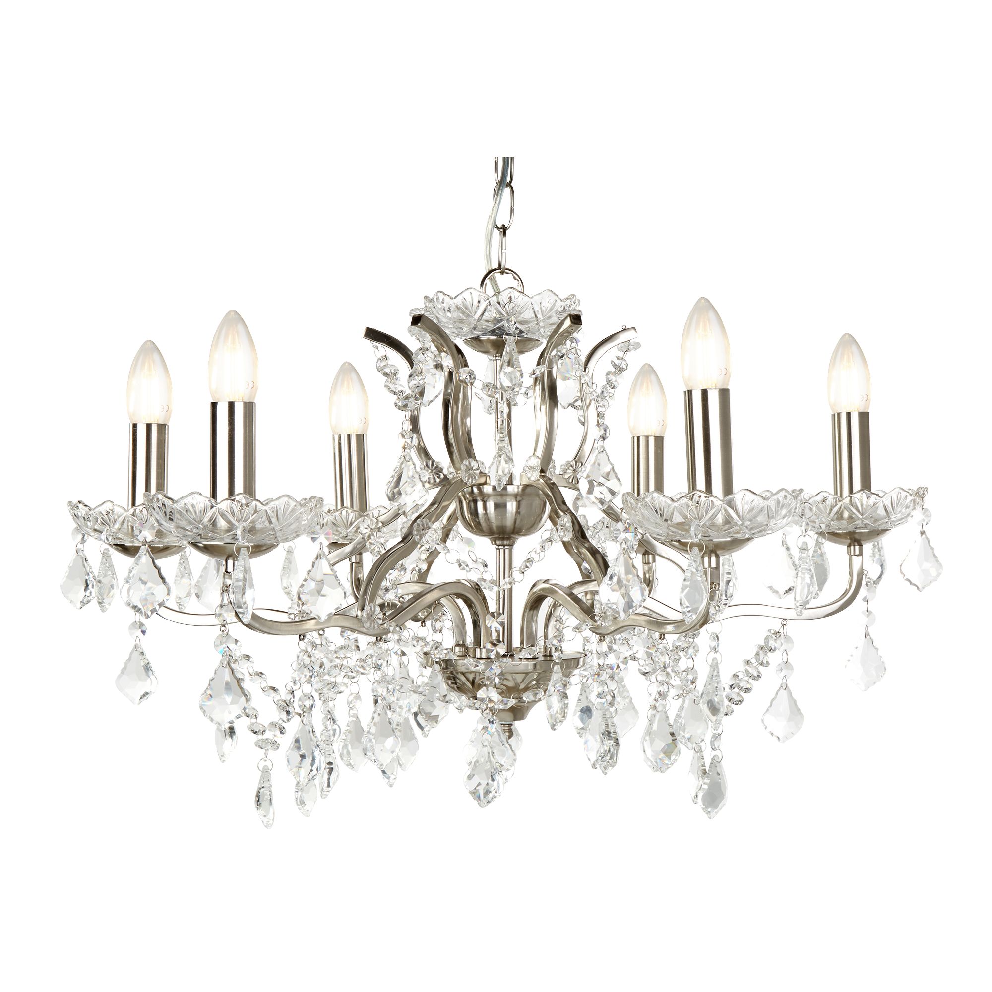 Paris 6 Light Chandelier, Clear Crystal Drops & Trim, Satin Silver