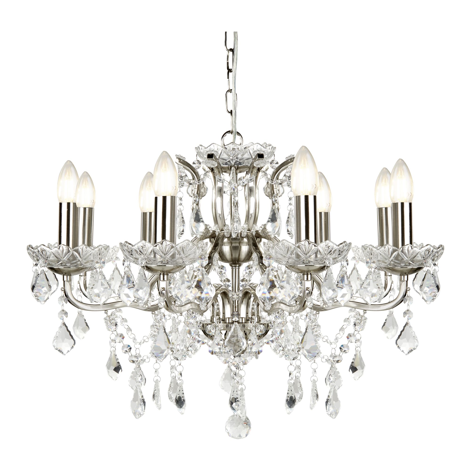 Paris 8 Light Chandelier, Clear Crystal Drops & Trim, Satin Silver