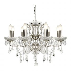 Paris 8 Light Chandelier, Clear Crystal Drops & Trim, Satin Silver