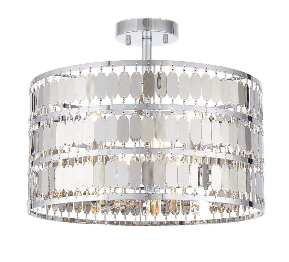 Eldora 3 Light E27 Chrome Plate Effect Finish Semi-Flush Pendant Light With Suspended Hexagonal Plates