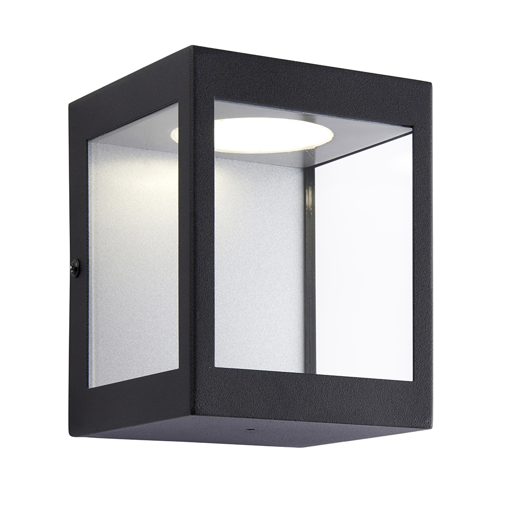 Dean 1 Light 11W 400lm Integrated LED Matt Black IP44 Sqaure Wall Light With Clear Glass Panels 4000K