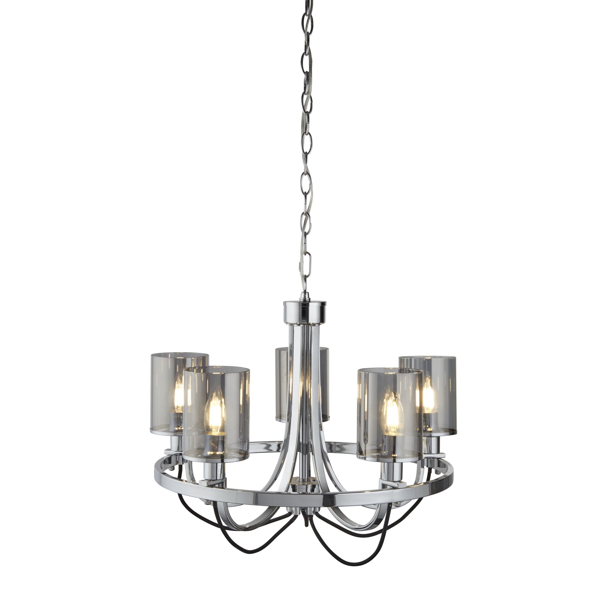 Catalina 5 Light Ceiling, Chrome, Black Braided Cable, Smoked Glass Shades
