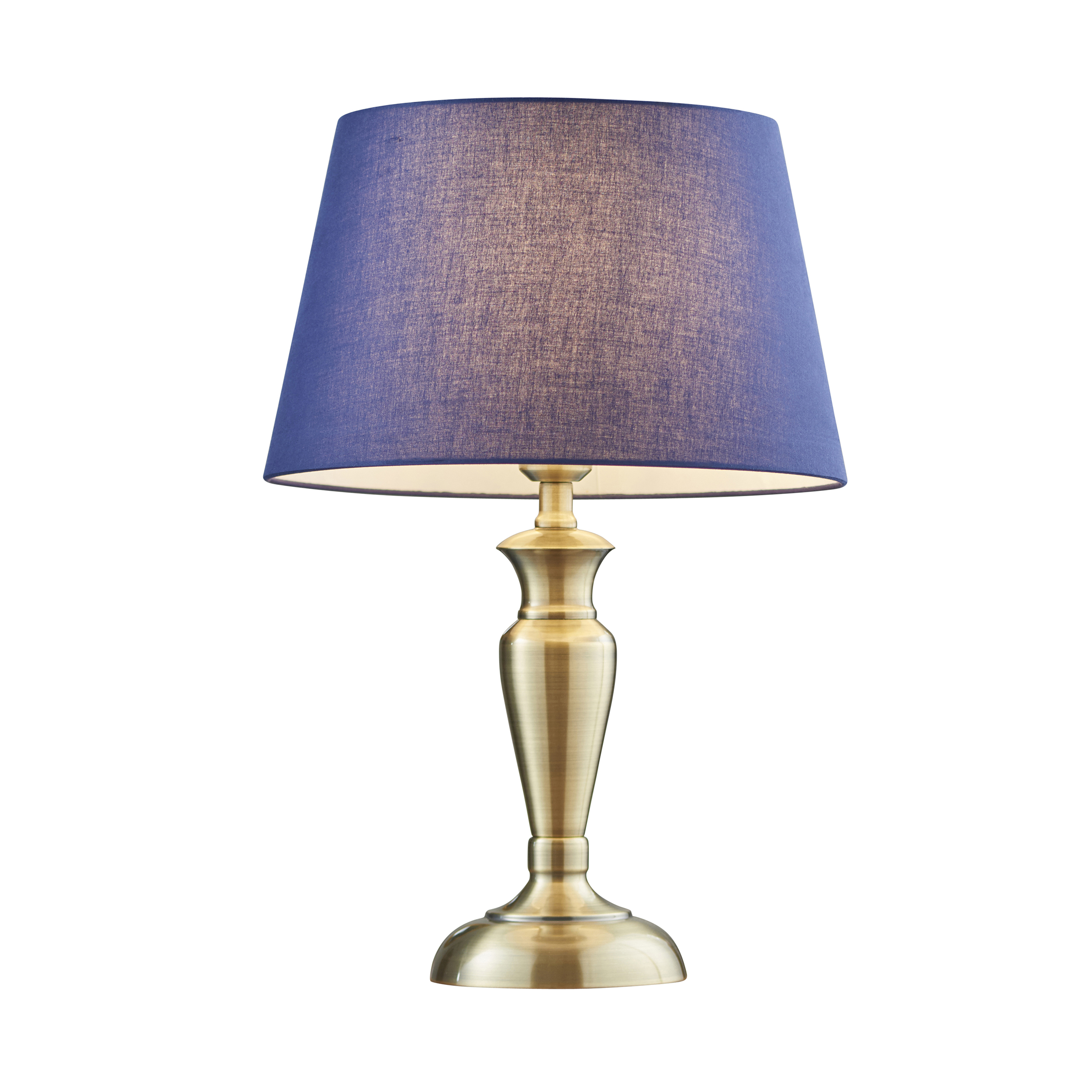 Oslo Medium 1 Light E27 Antique Brass Table Lamp C/W Evie 14" Nav Cotton Tapered Shade