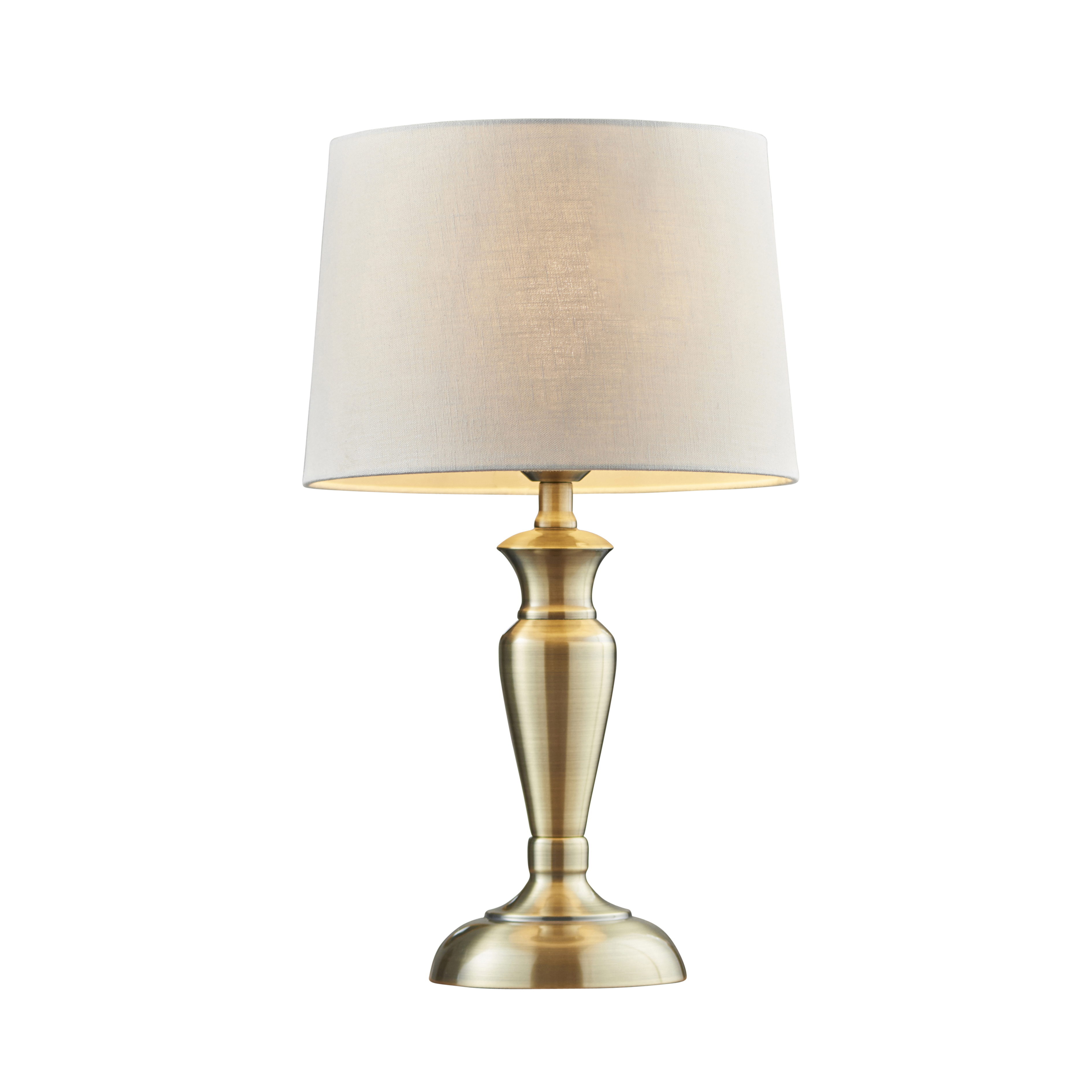 Oslo Medium 1 Light E27 Antique Brass Table Lamp C/W Mia 12" Natural 100% Linen Tapered Shade