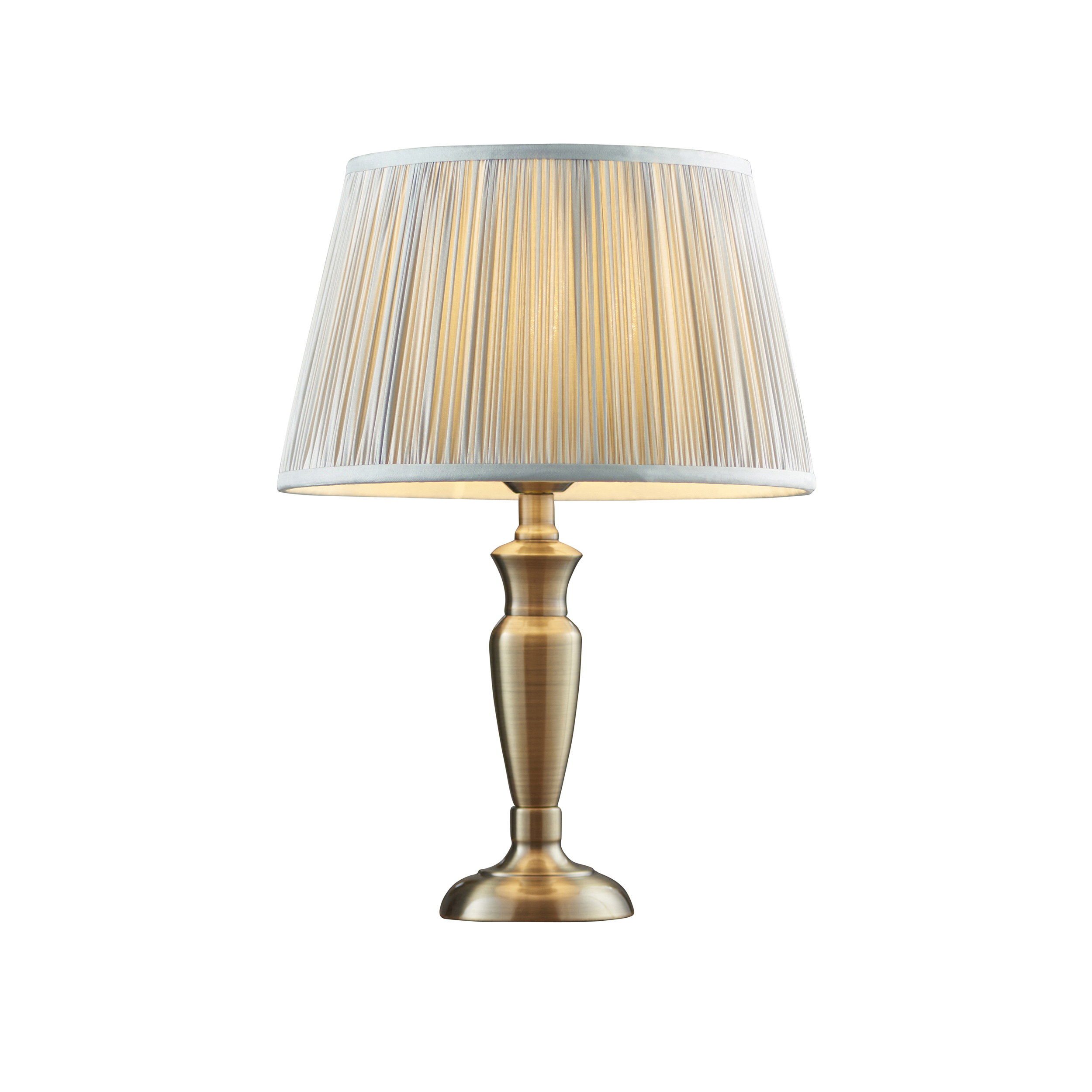 Oslo Small 1 Light E27 Antique Brass Table Lamp C/W Freya 12" Silver Silk Pleated Shade