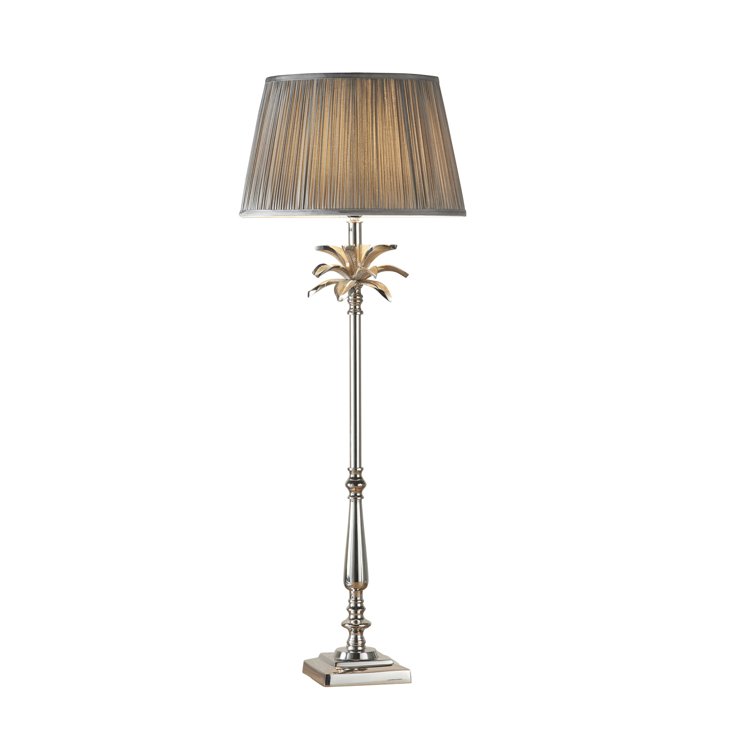 Leaf Tall Chic Leaf 1 Light E27 Polished Nickel Table Lamp C/W Freya 14" Charcoal Grey Silk Pleated Shade