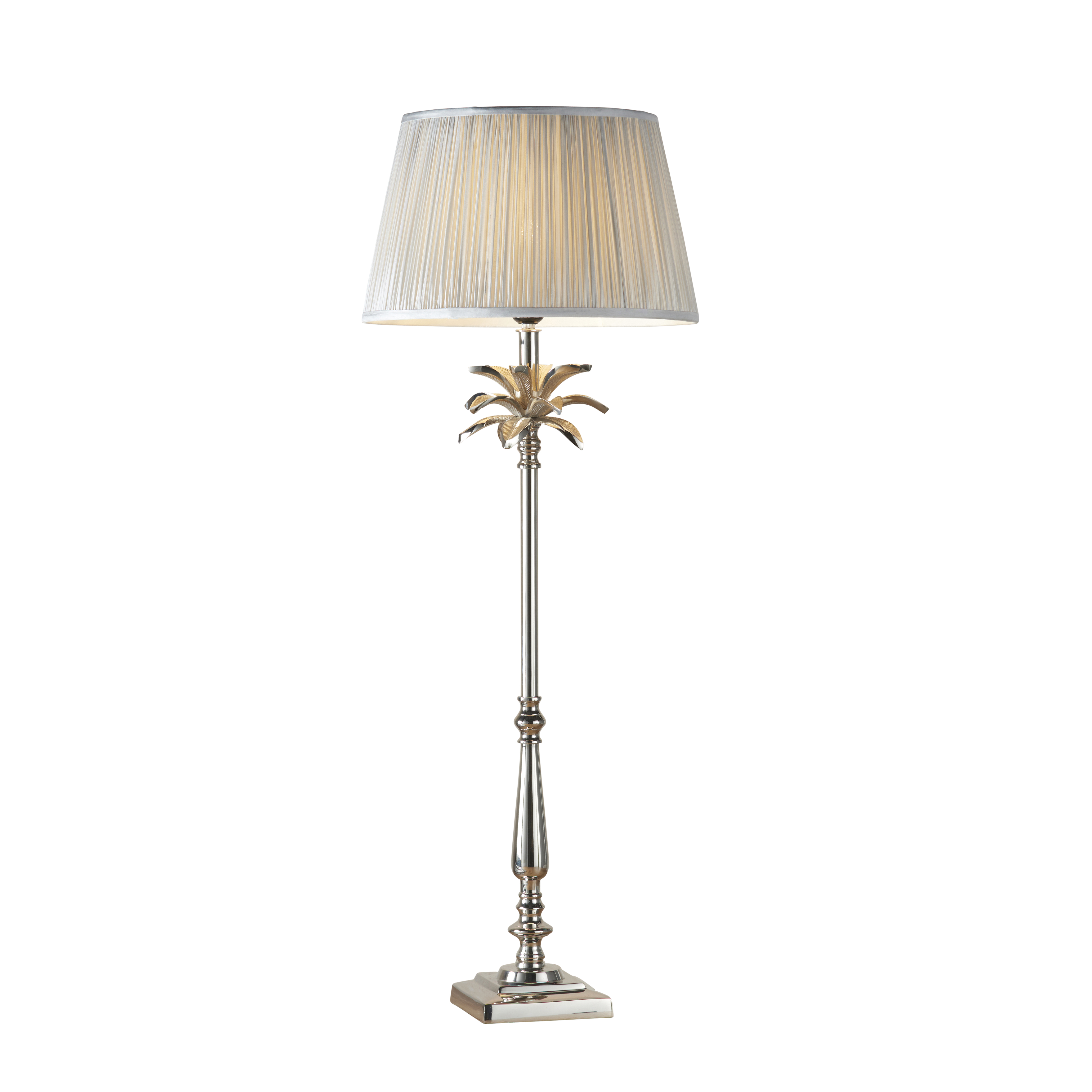 Leaf Tall Chic Leaf 1 Light E27 Polished Nickel Table Lamp C/W Freya 14" Silver Silk Pleated Shade