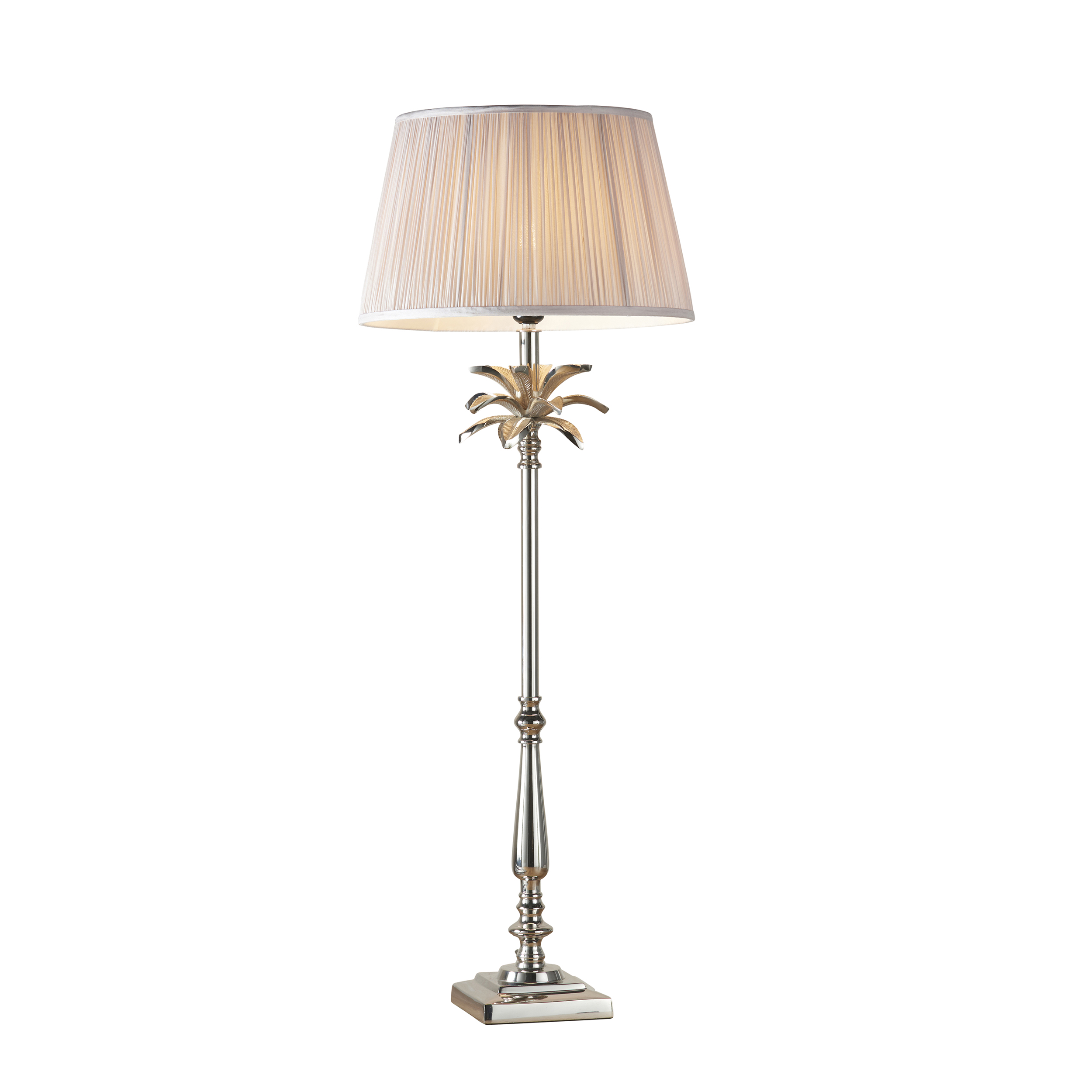Leaf Tall Chic Leaf 1 Light E27 Polished Nickel Table Lamp C/W Freya 14" Dusky Pink Silk Pleated Shade