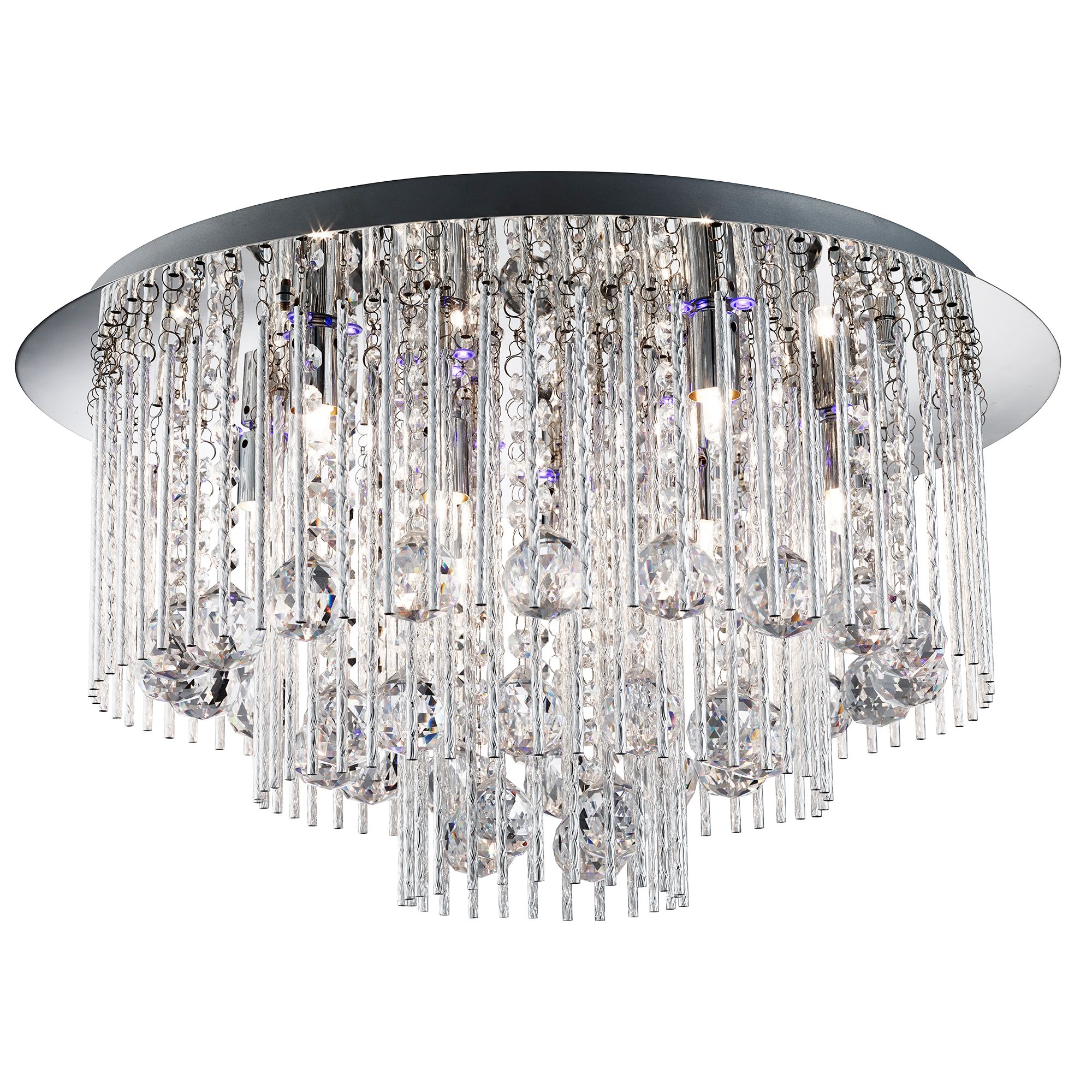 Beatrix Blue LED/8Lt Ceiling Flush, Chrome, Twist Tubes & Clear Crystal Ball Drops