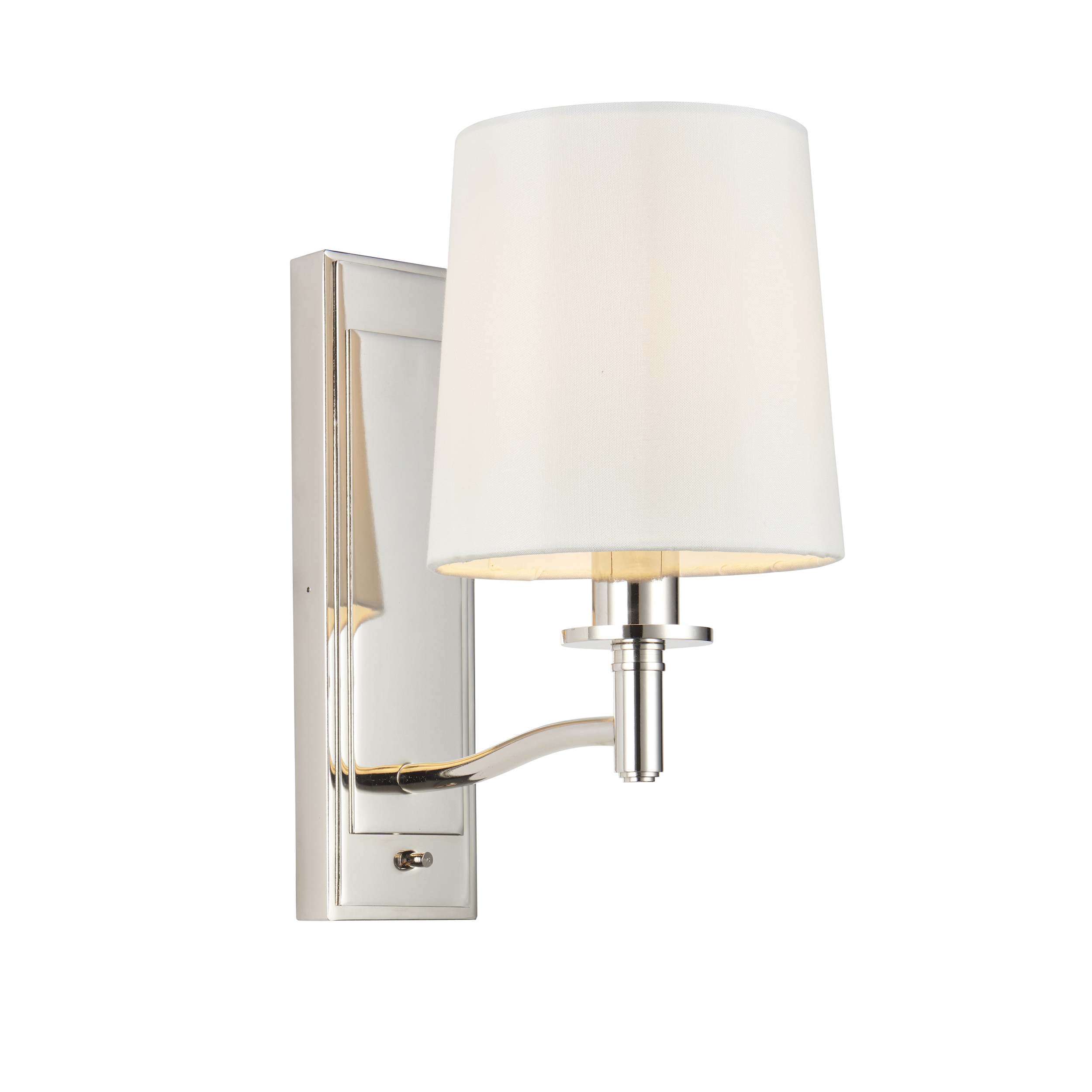Ortona 1 Light E14 Bright Nickel Wall Light With Toggle Switch C/W White Faux Silk Shade