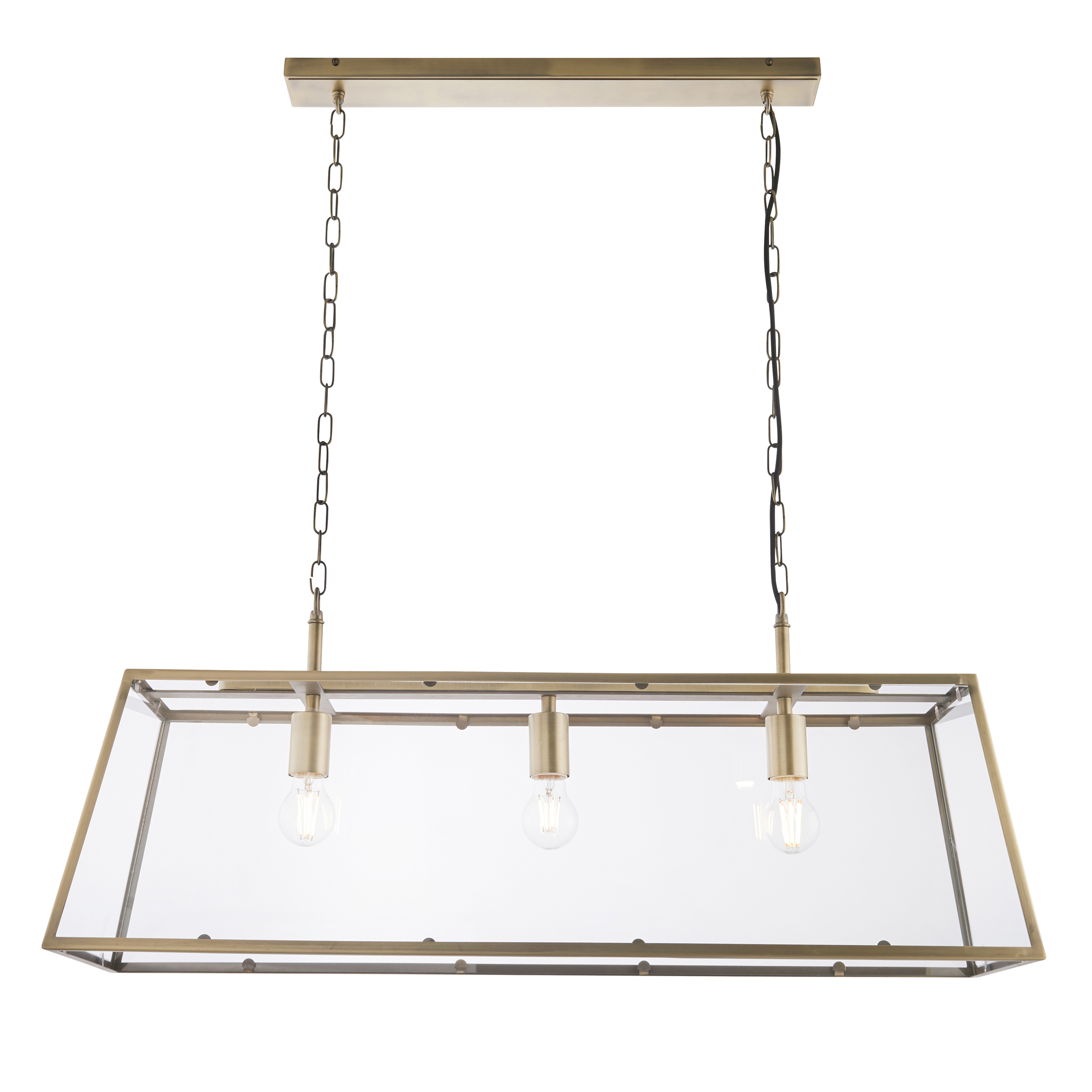 Hurst 3 Light E27 Antique Brass Adjustable LineaR Lantern Pendant With Clear Glass