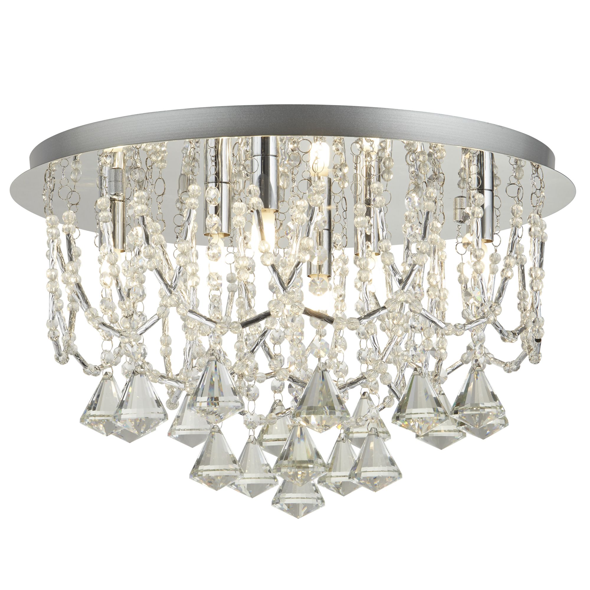 Mela 6 Light Ceiiling Flush, Chrome, Clear Crystal Pyramid Drops & Trim