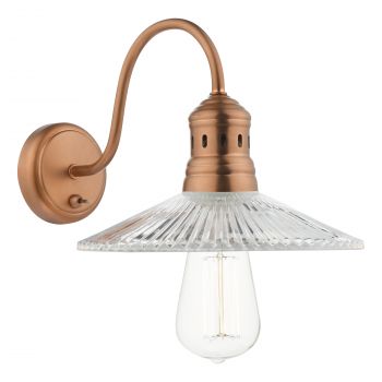 Sellos 1 Light E27 Brushed Copper Wall Light With Toggle Switch C/W Pressed Clear Glass Shade