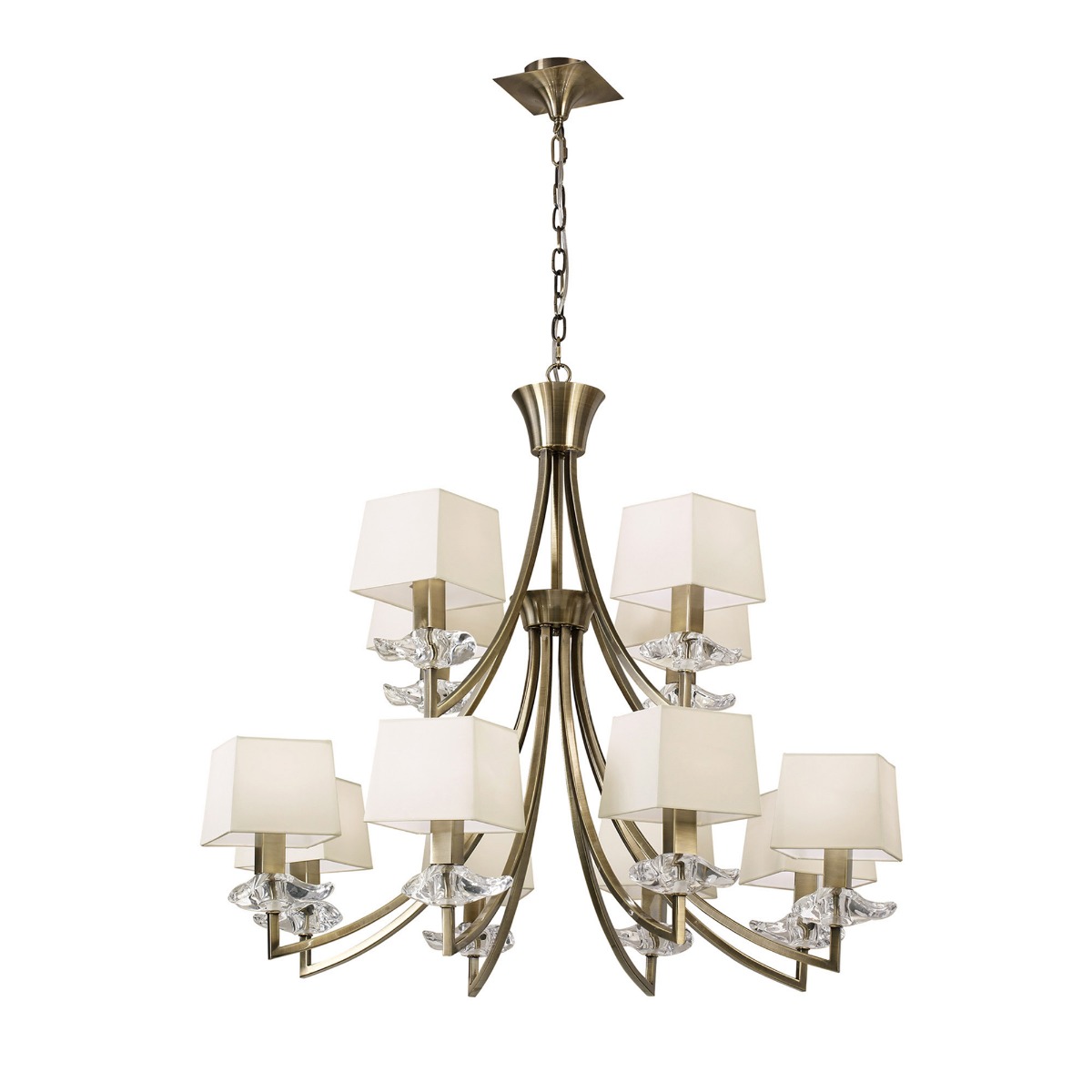 Akira 90cm Pendant 2 Tier 12 Light E14, Antique Brass With Cream Shades