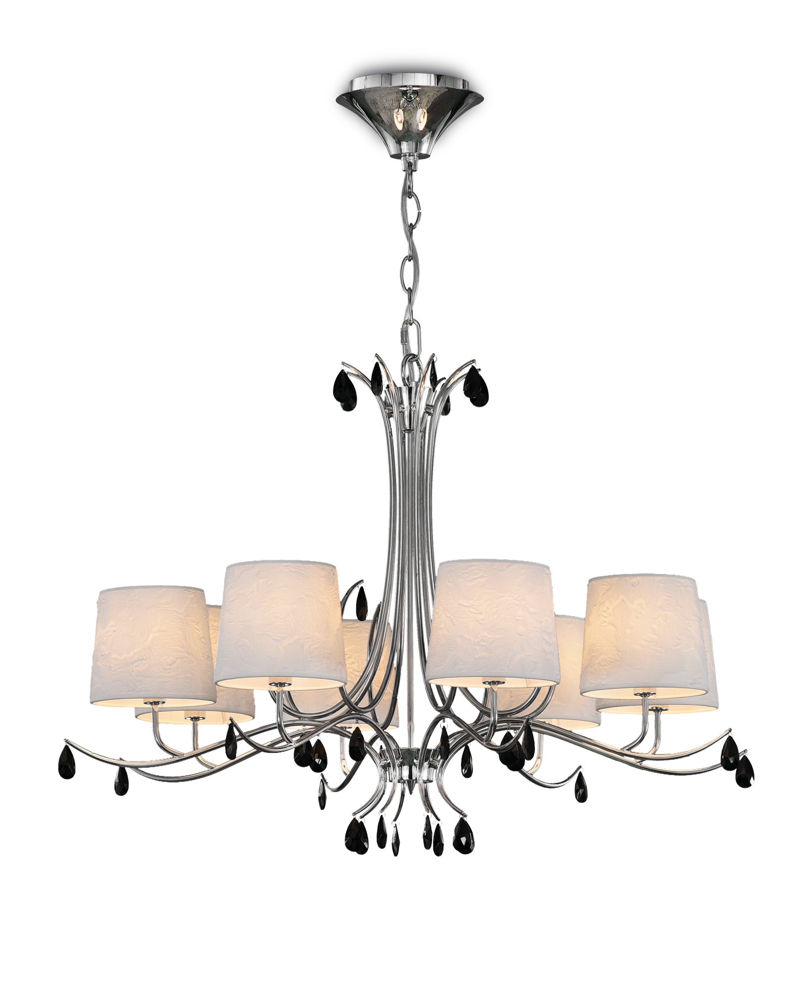 Andrea Pendant 100cm Round, 8 x E14 (Max 20W), Polished Chrome, White Shades, Black Crystal Droplets