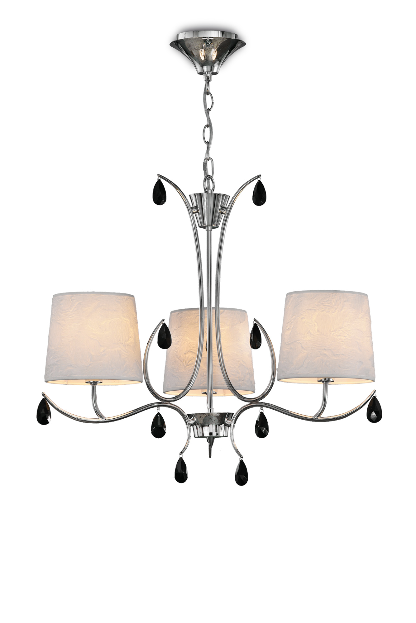 Andrea Pendant 67cm Round, 5 x E14 (Max 20W), Polished Chrome, White Shades, Black Crystal Droplets